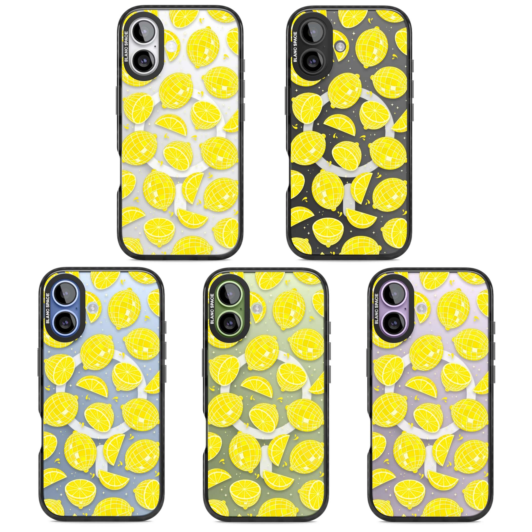 Disco Lemons citrus iPhone case featuring mirrorball lemons, sliced fruit and sparkle accents | Black Impact Magsafe case for iPhone 17