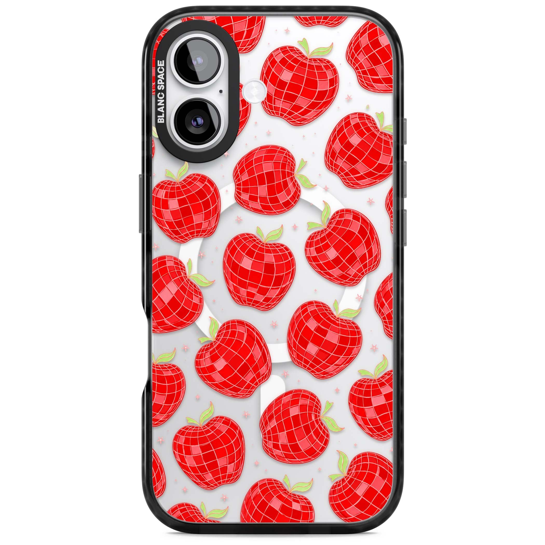 Disco Apples Y2K iPhone case featuring red disco ball apples, green leaves and pink sparkles on clear | Black Impact Magsafe case for iPhone 17