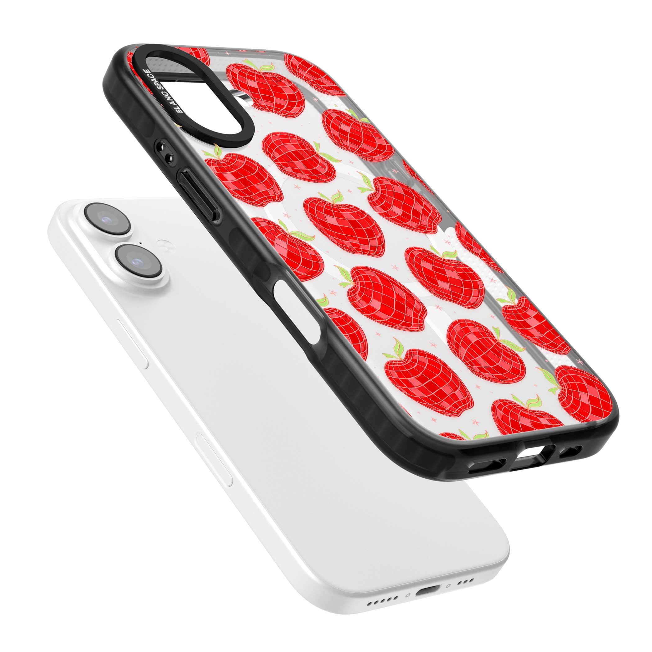 Disco Apples Y2K iPhone case featuring red disco ball apples, green leaves and pink sparkles on clear | Black Impact Magsafe case for iPhone 17