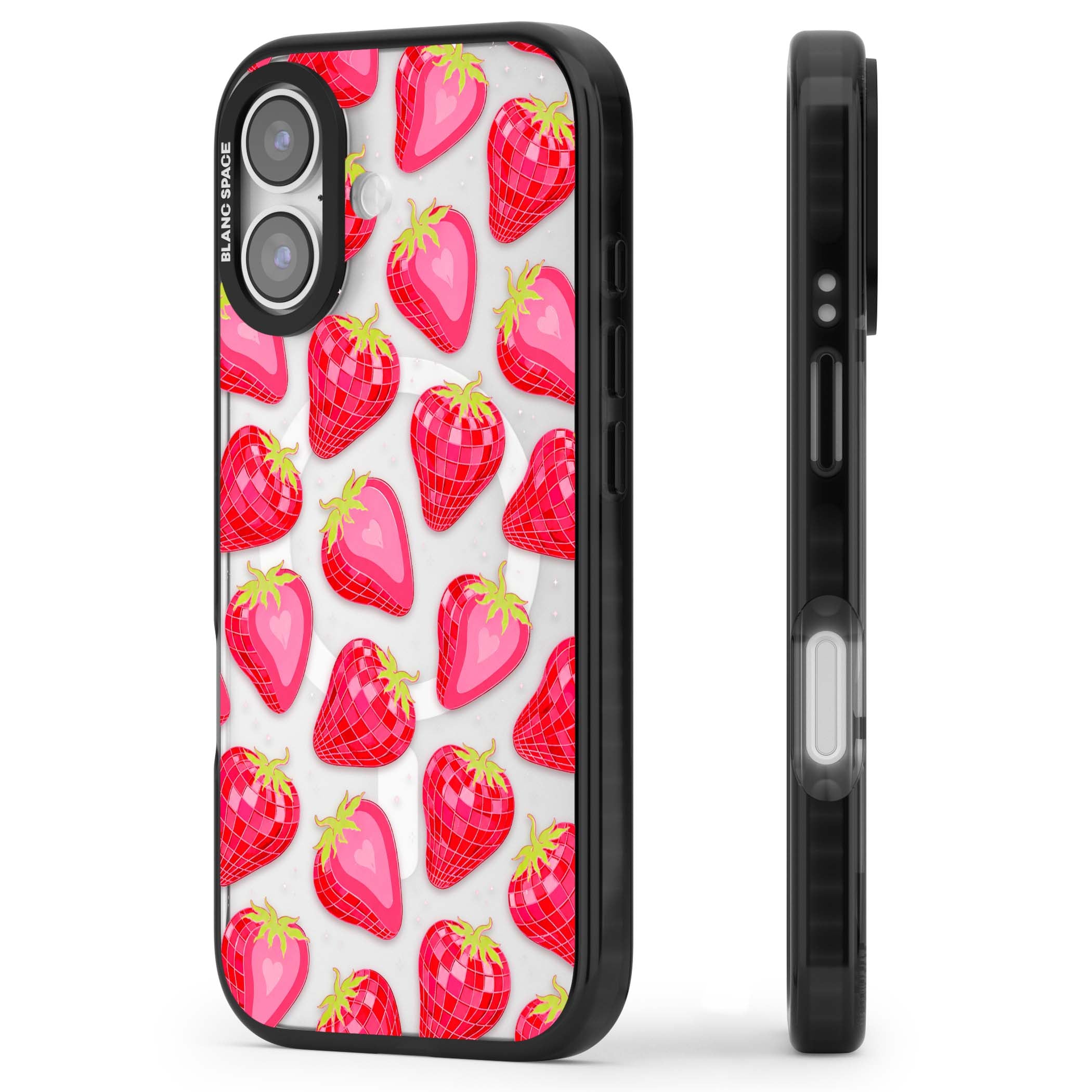 Disco Strawberry Y2K iPhone case featuring pink disco-ball strawberries, green leaves and tiny sparkles | Black Impact Magsafe case for iPhone 17