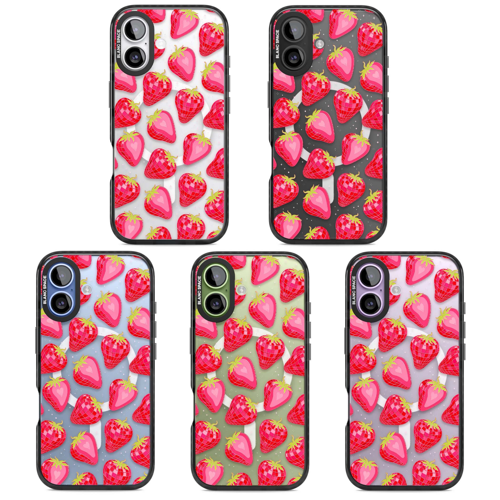 Disco Strawberry Y2K iPhone case featuring pink disco-ball strawberries, green leaves and tiny sparkles | Black Impact Magsafe case for iPhone 17
