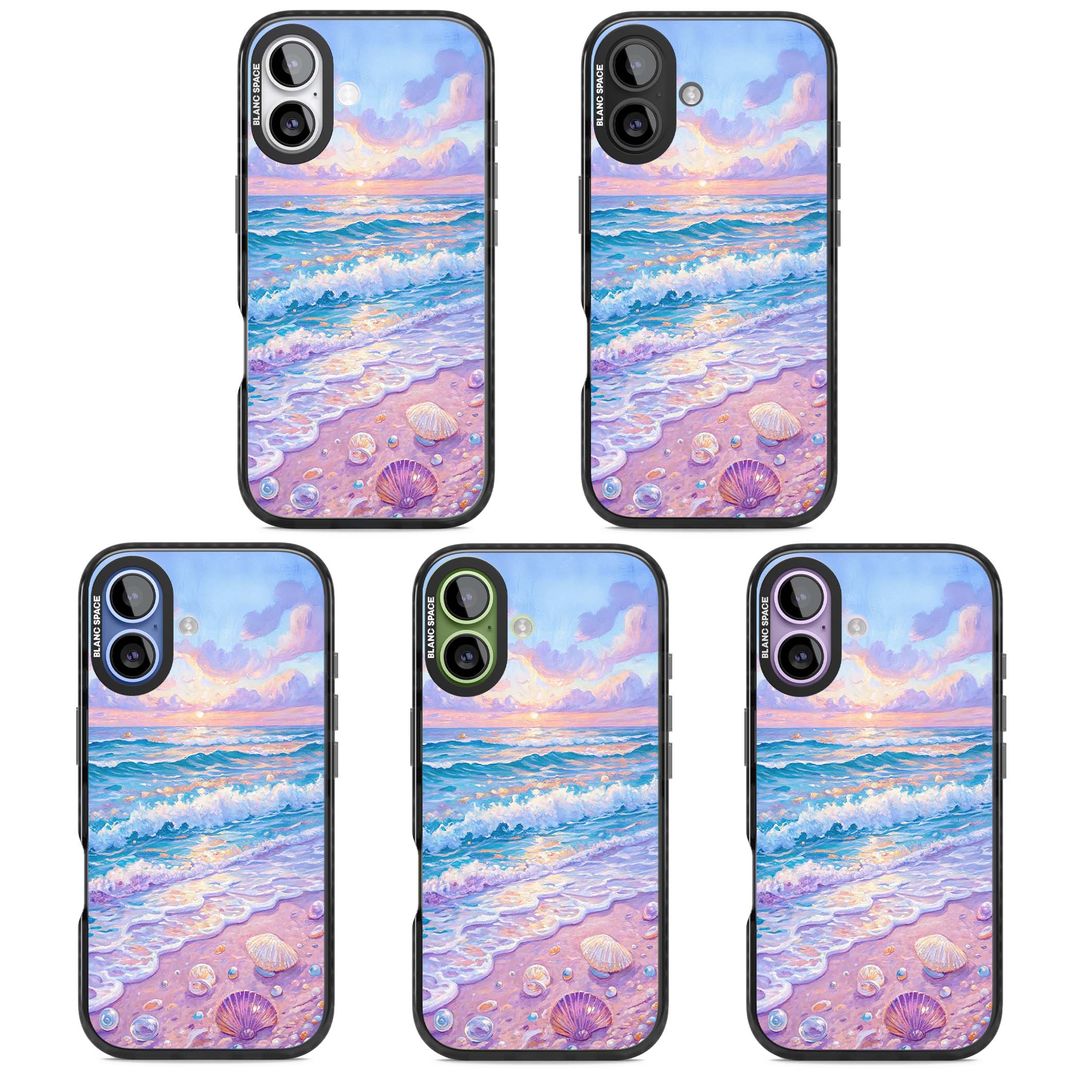 Pearl Shore coastal iPhone case featuring pastel painted waves, seashells, and a sunrise sky over a lavender beach. | Black Impact Magsafe case for iPhone 17