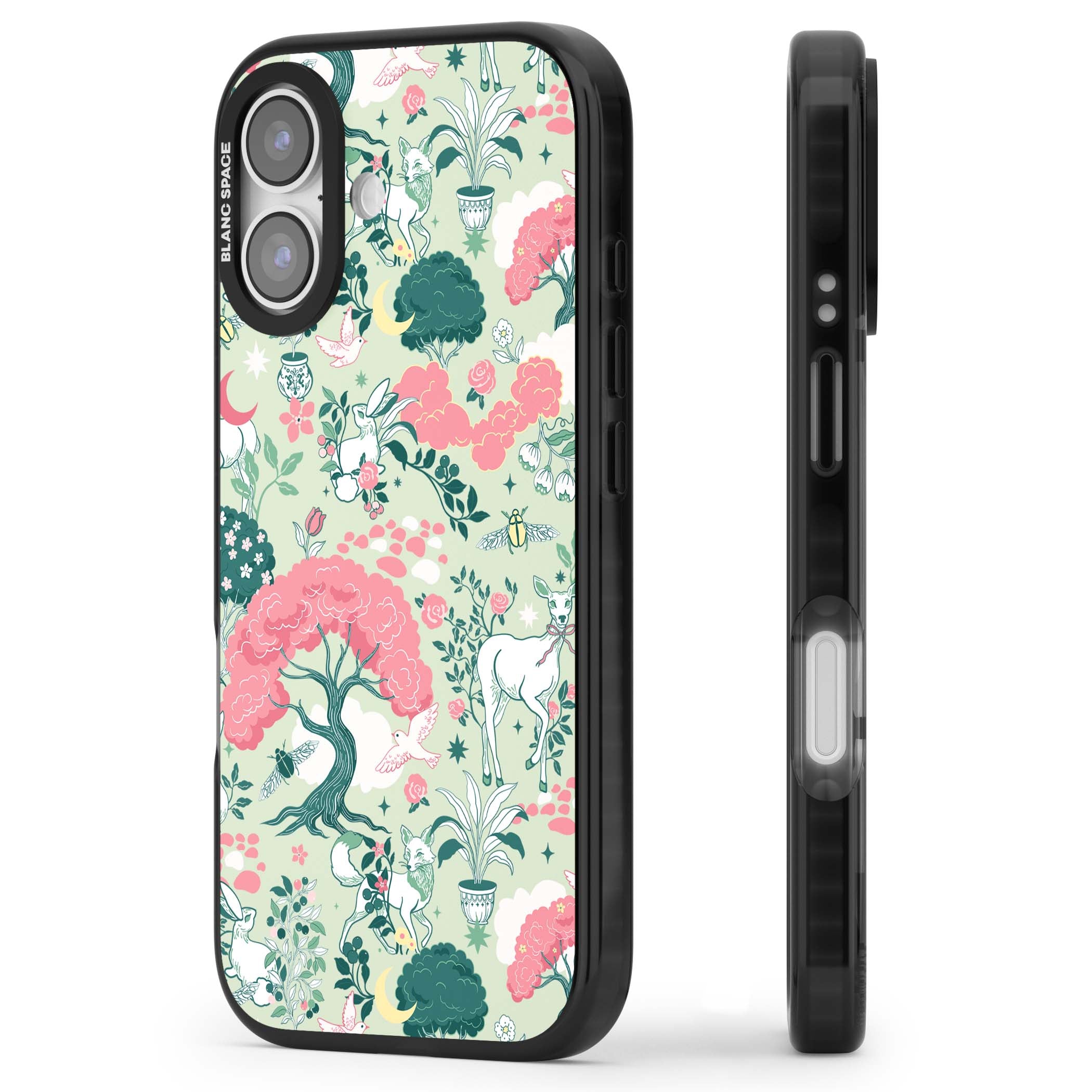 Enchanted Woodland cottagecore iPhone case featuring white deer, pink roses, mushrooms and woodland animals on sage green | Black Impact Magsafe case for iPhone 17