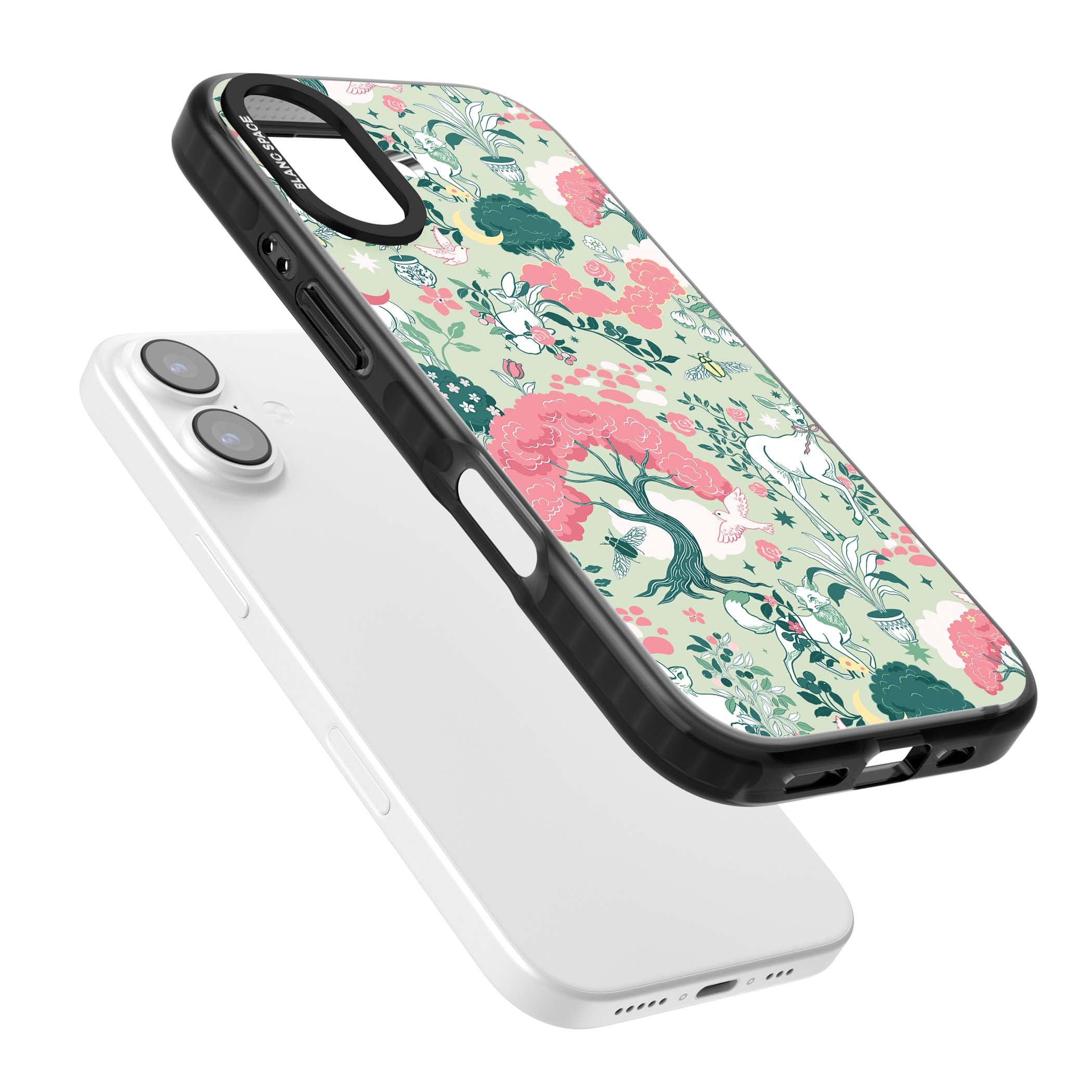 Enchanted Woodland cottagecore iPhone case featuring white deer, pink roses, mushrooms and woodland animals on sage green | Black Impact Magsafe case for iPhone 17