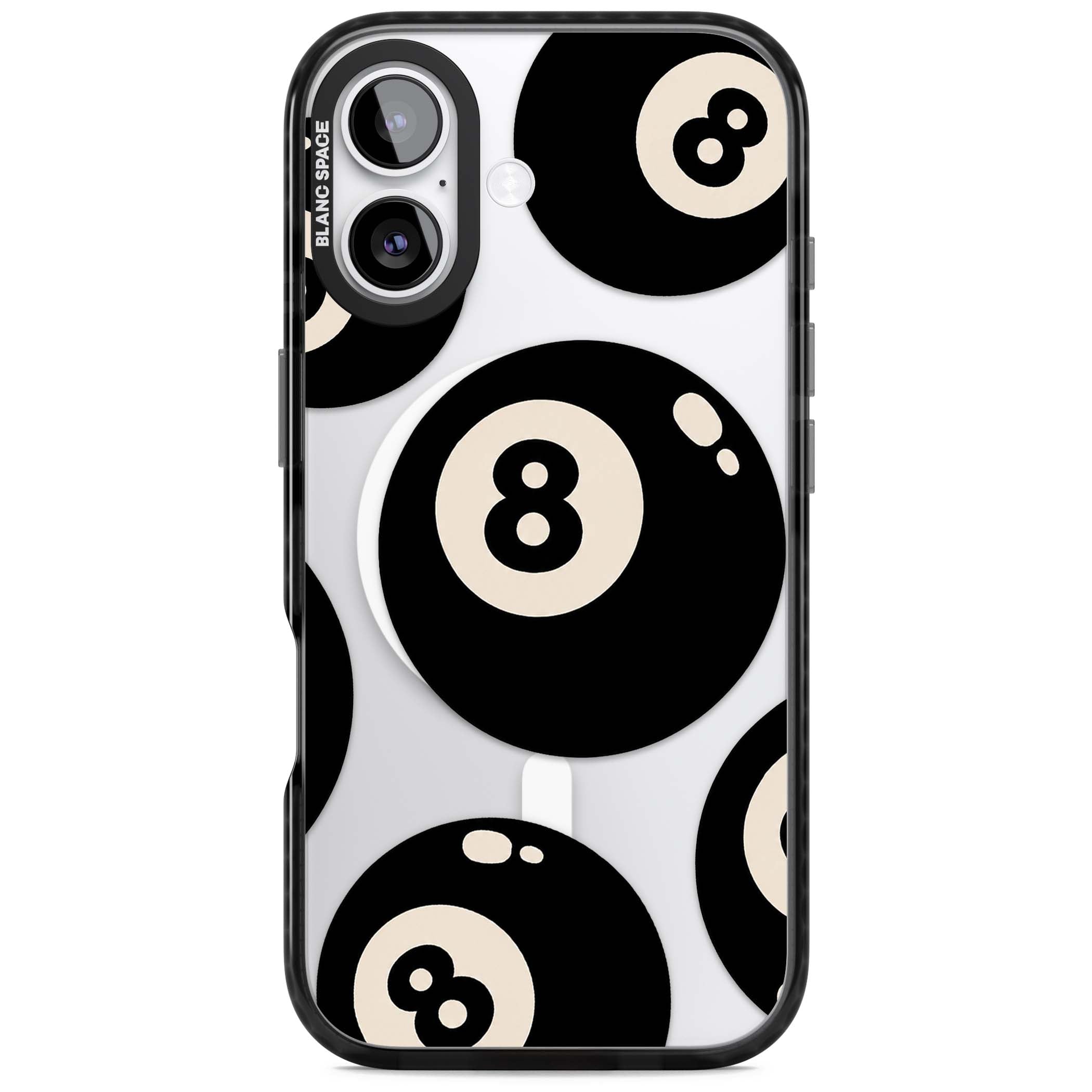 Eights y2k iPhone case featuring scattered black 8 balls with cream highlights on a clear background | Black Impact Magsafe case for iPhone 17
