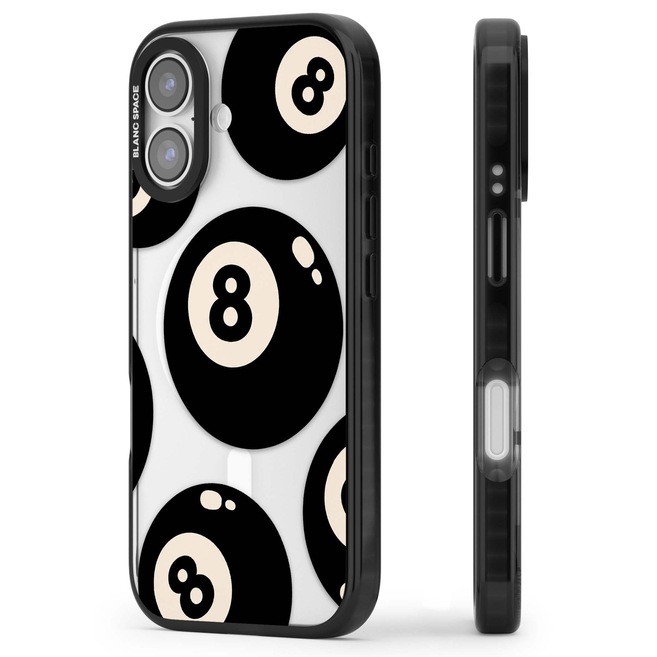 Eights y2k iPhone case featuring scattered black 8 balls with cream highlights on a clear background | Black Impact Magsafe case for iPhone 17