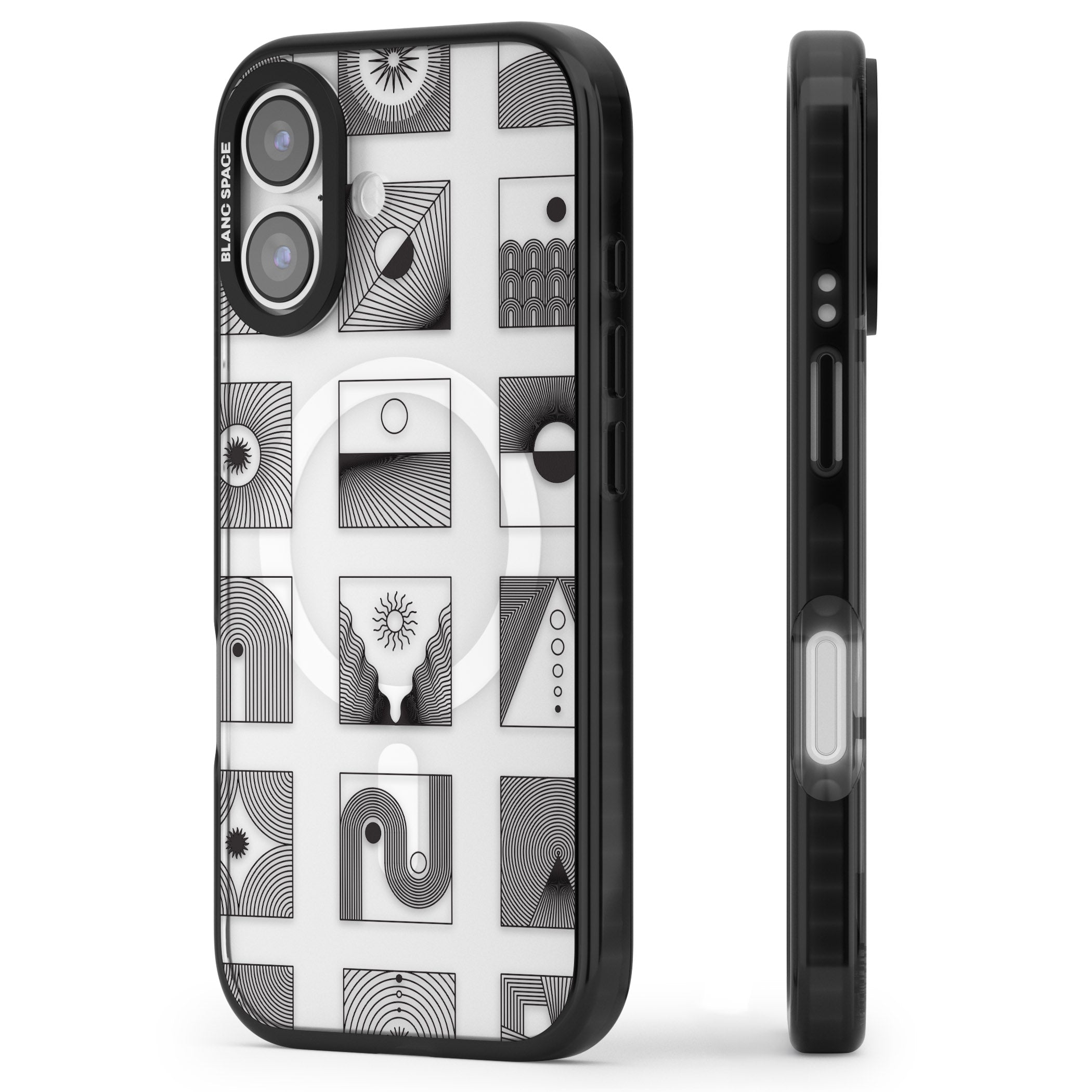 Geometric Pattern Trio: Artistic Blend iPhone 17 Impact Pro Black Phone Case Side Profile