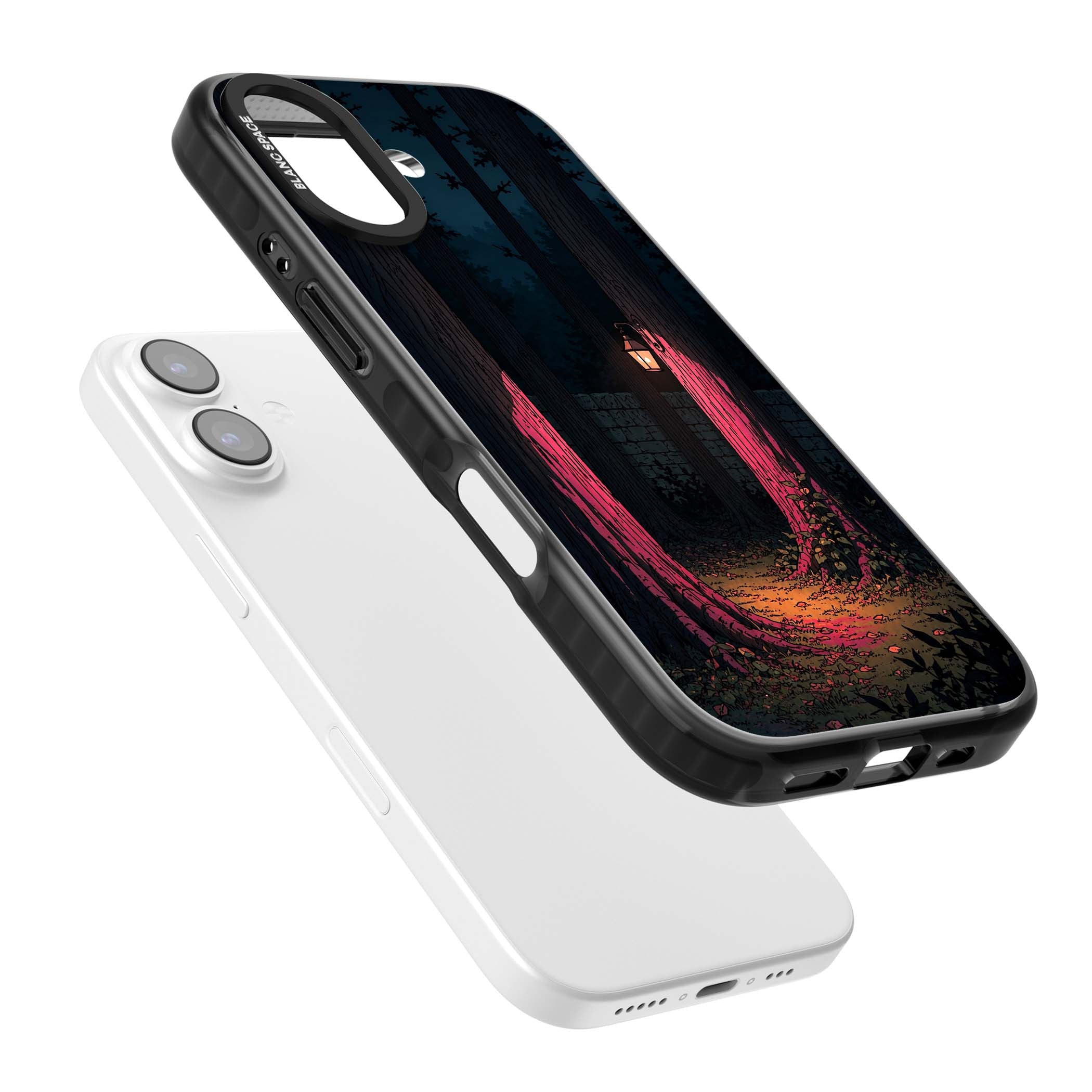 Forest Lantern dark academia iPhone case featuring a moonlit forest, glowing lantern, and stone wall pathway | Black Impact Magsafe case for iPhone 17