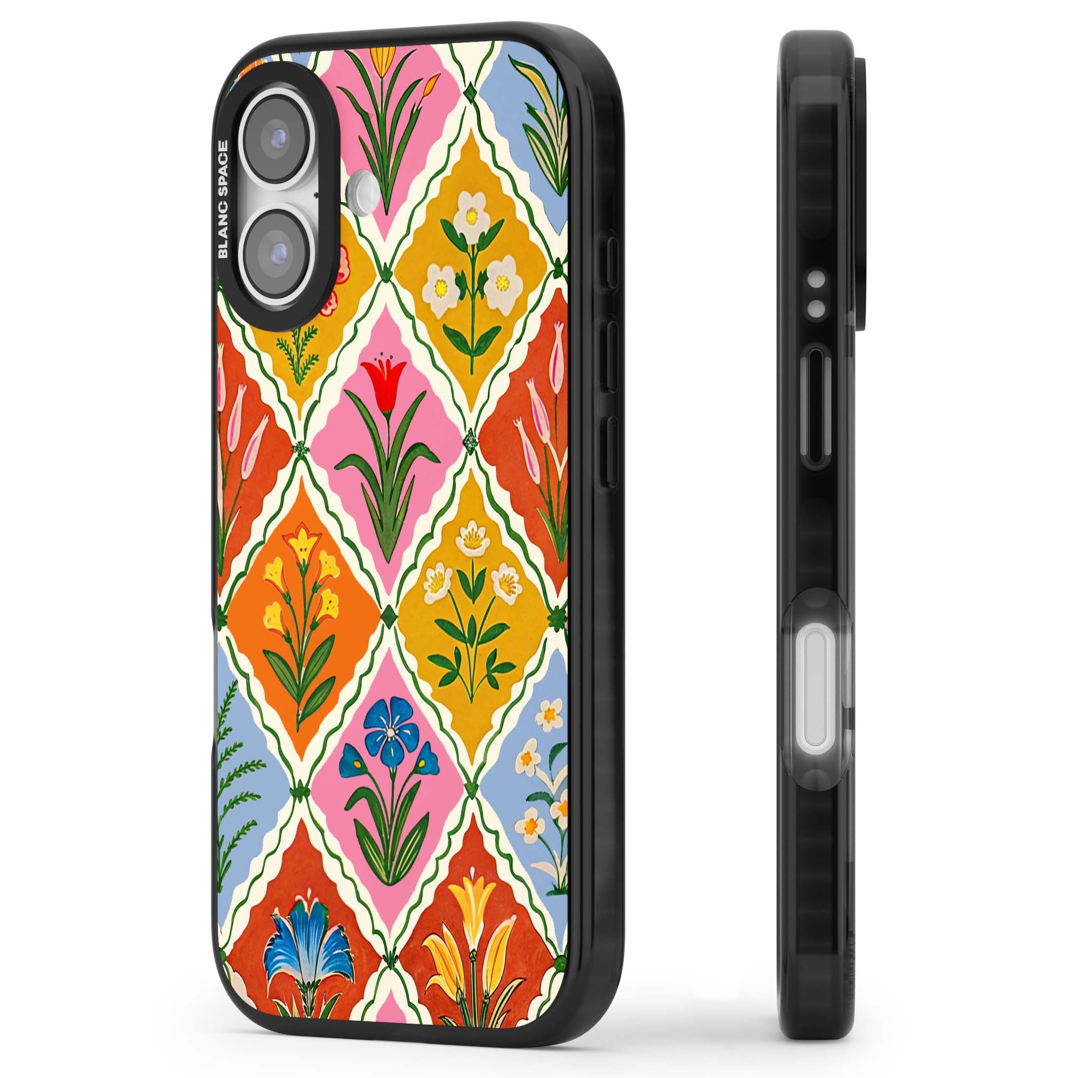 Floral Quilt boho floral iPhone case featuring diamond lattice pattern, hand-painted tulips and folk art wildflowers | Black Impact Magsafe case for iPhone 17