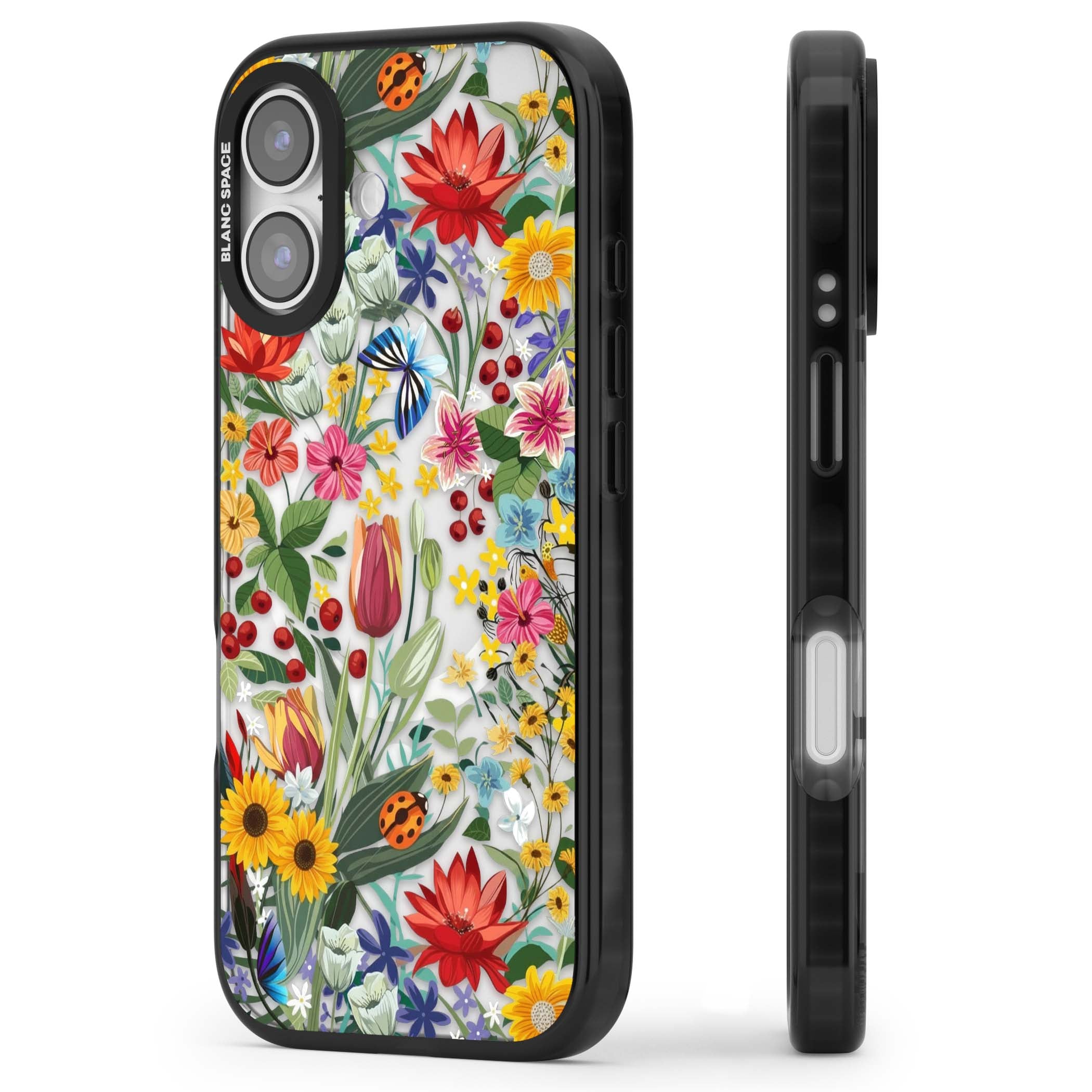 Botanical Bloom cottagecore iPhone case featuring colorful wildflowers, sunflowers, and ladybugs on clear background | Black Impact Magsafe case for iPhone 17