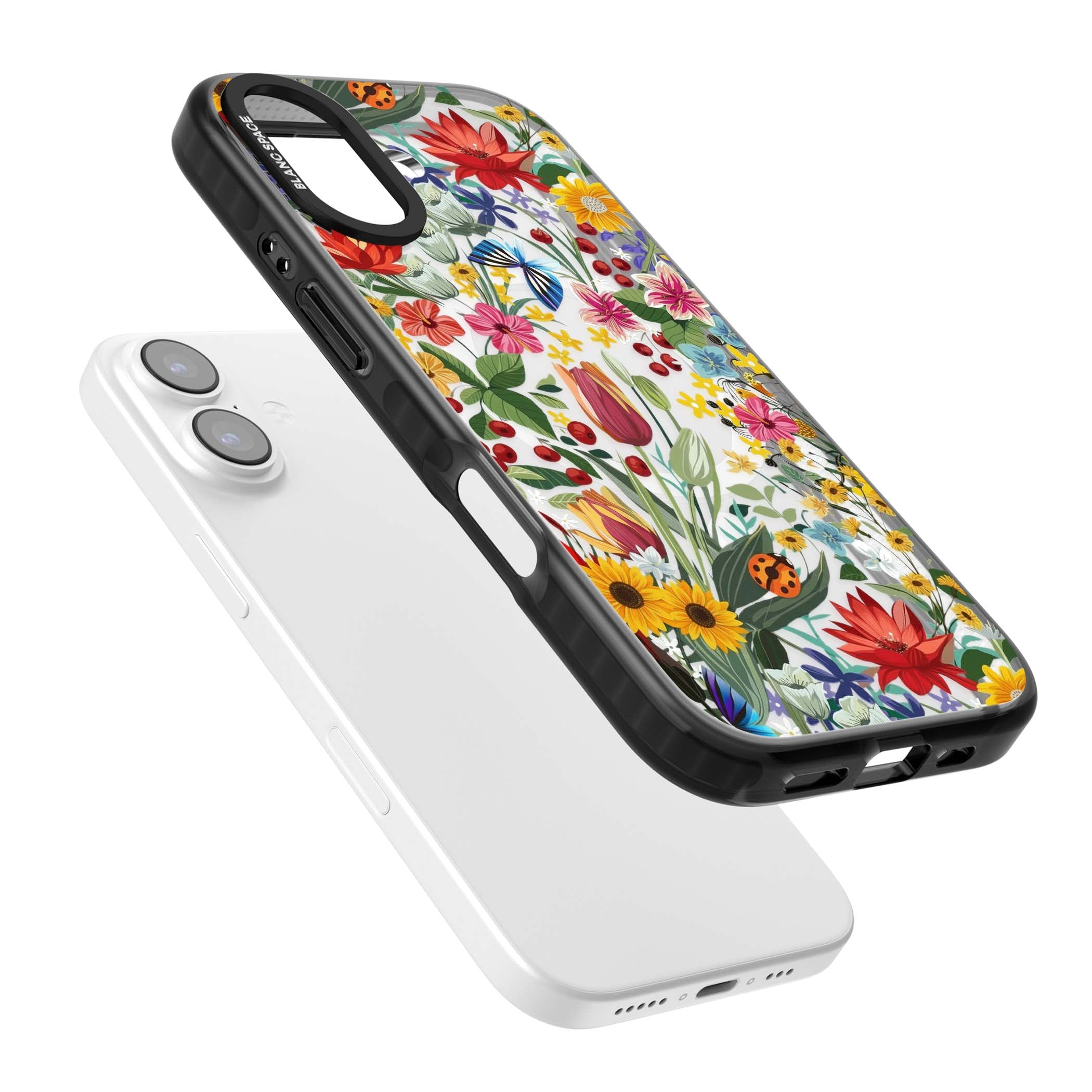 Botanical Bloom cottagecore iPhone case featuring colorful wildflowers, sunflowers, and ladybugs on clear background | Black Impact Magsafe case for iPhone 17