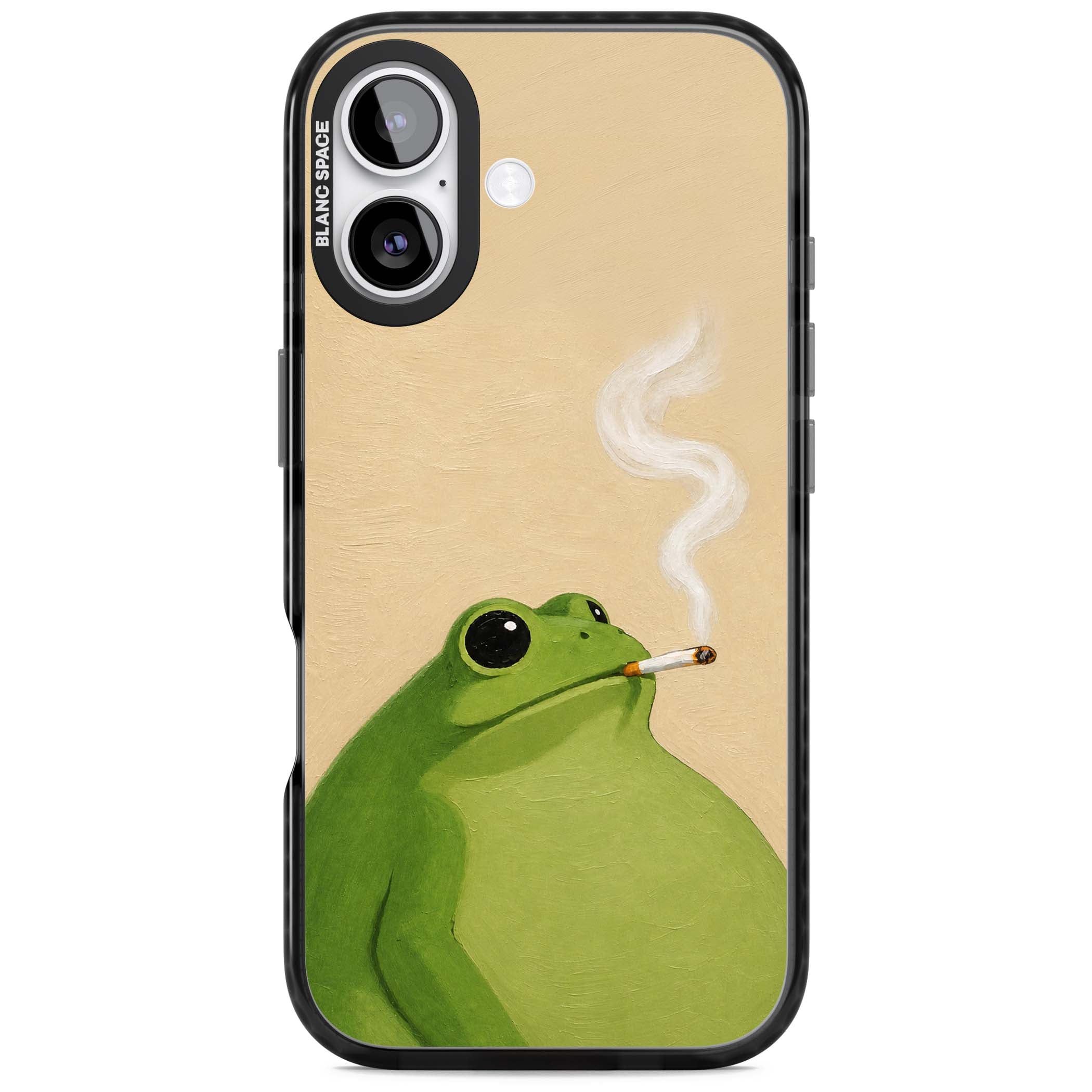 The Smoking Frog cottagecore iPhone case featuring a hand-painted green frog smoking a cigarette on a cream oil painting back | Black Impact Magsafe case for iPhone 17