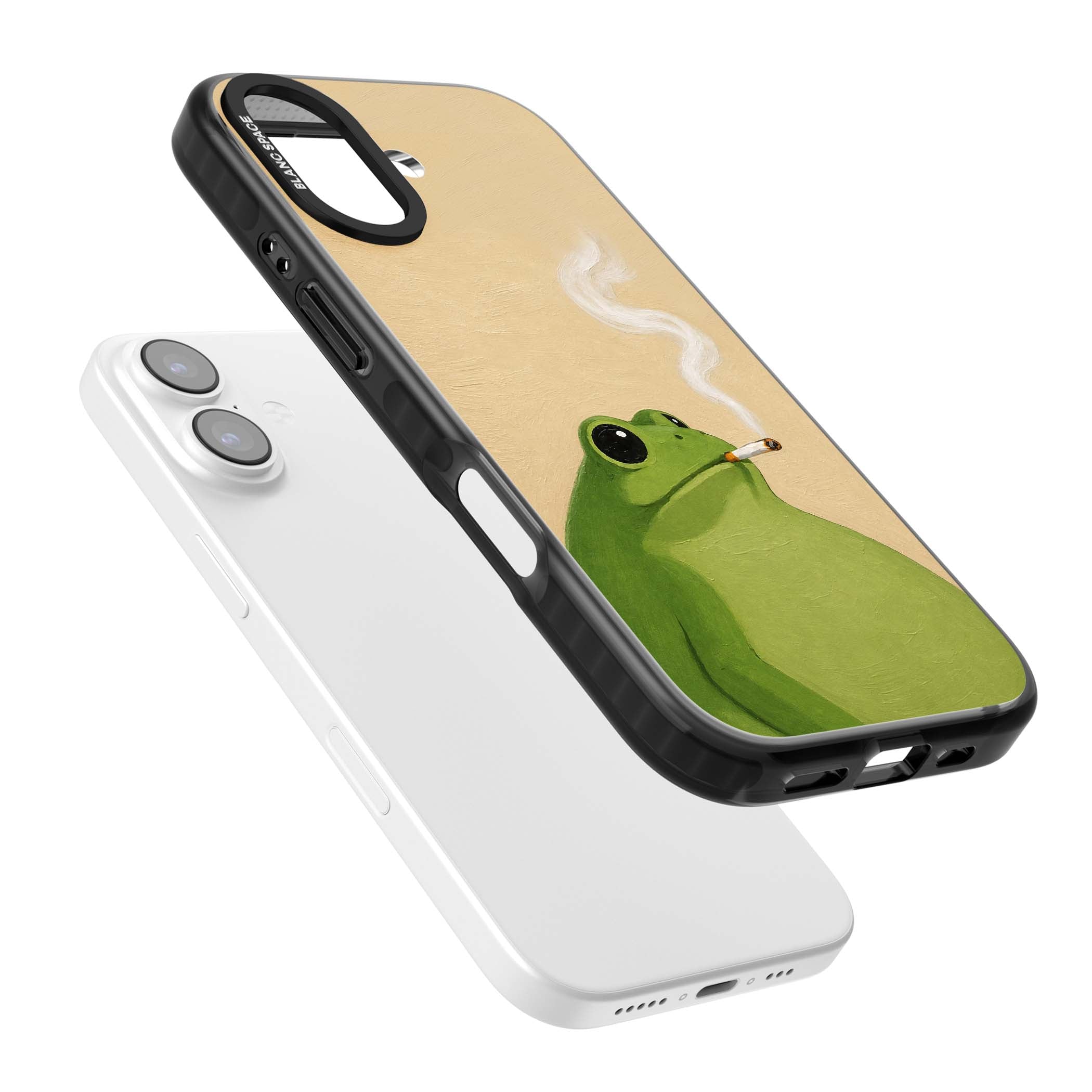 The Smoking Frog cottagecore iPhone case featuring a hand-painted green frog smoking a cigarette on a cream oil painting back | Black Impact Magsafe case for iPhone 17