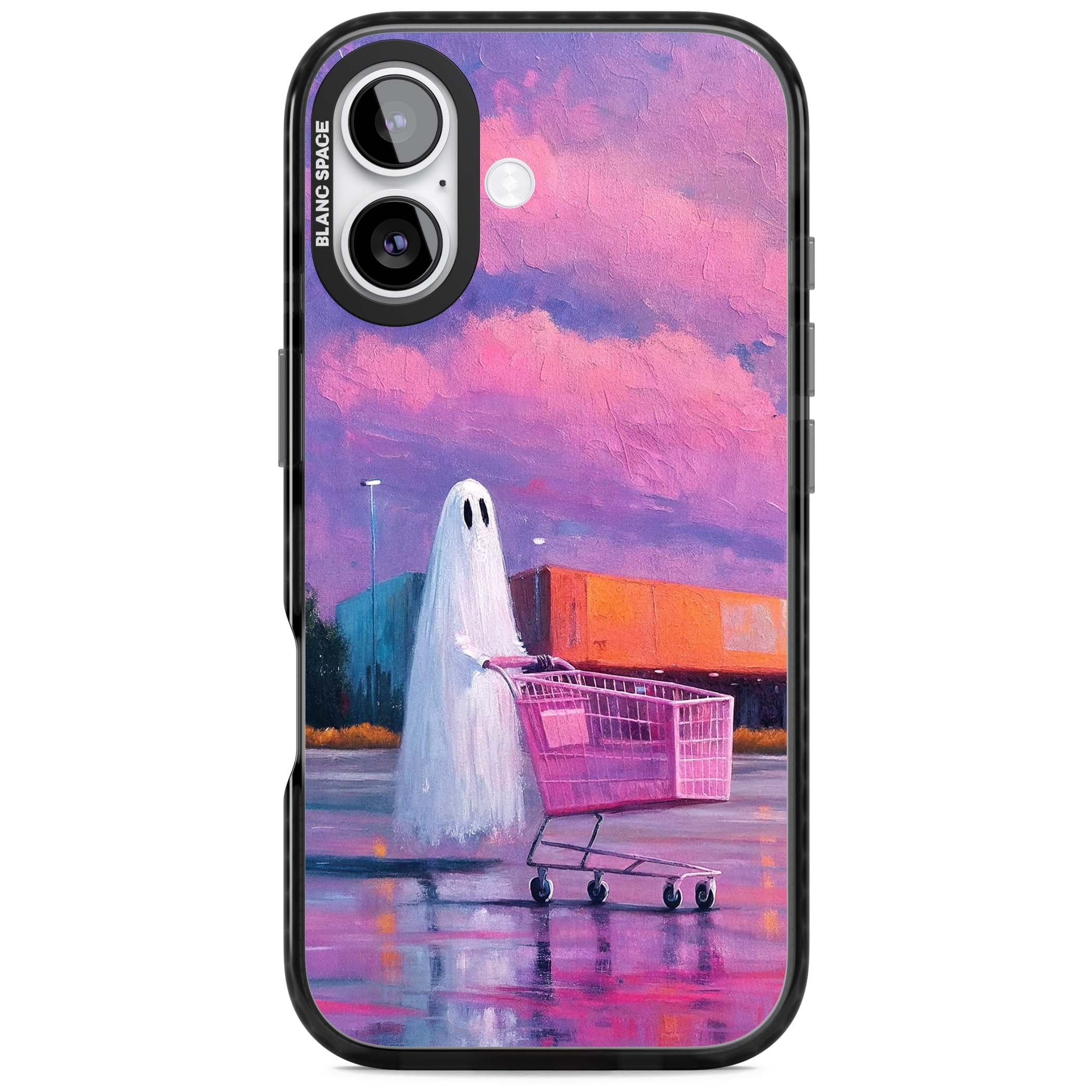 A Ghost's Errand ghost halloween iPhone case featuring a painted ghost, pink shopping trolley and purple sunset sky | Black Impact Magsafe case for iPhone 17