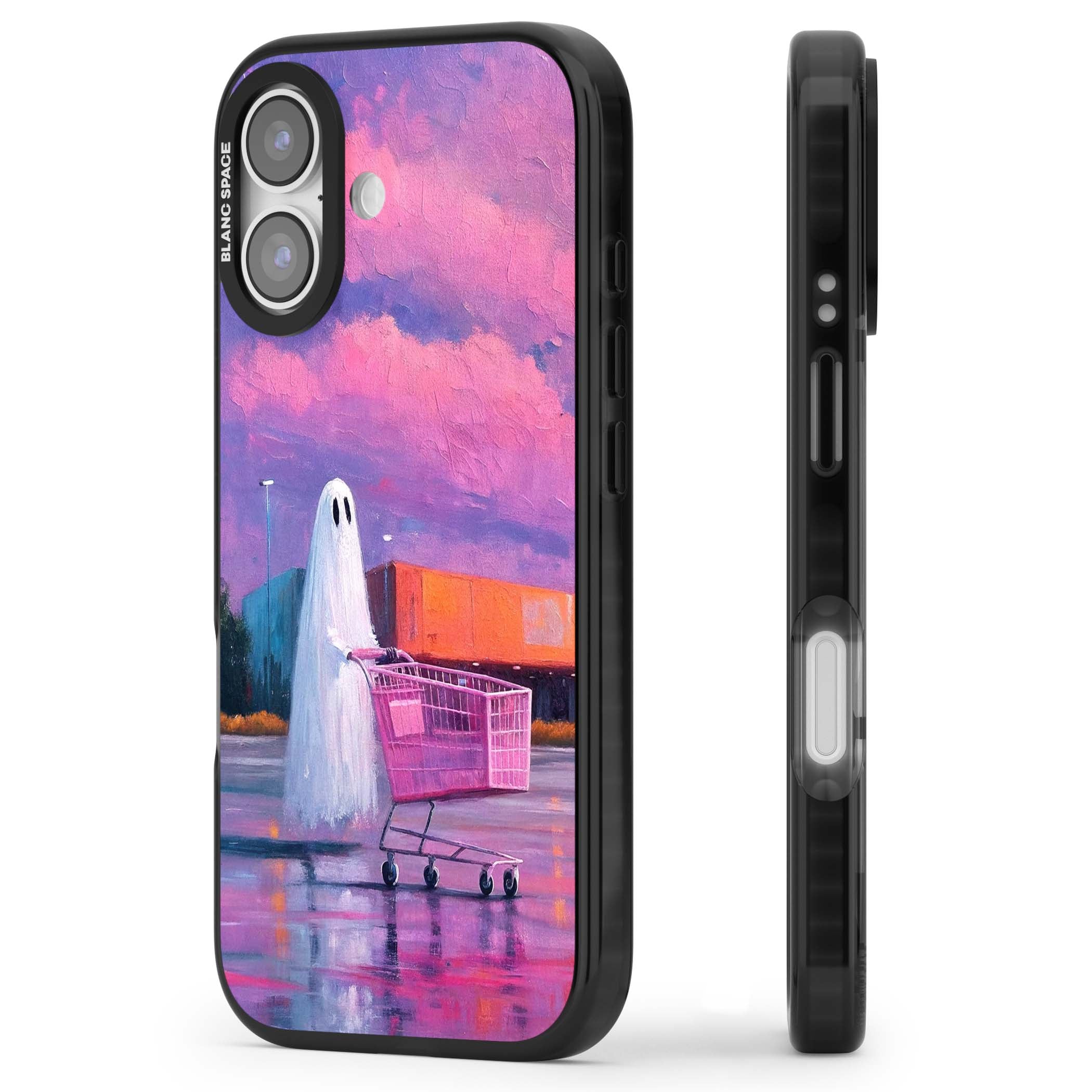 A Ghost's Errand ghost halloween iPhone case featuring a painted ghost, pink shopping trolley and purple sunset sky | Black Impact Magsafe case for iPhone 17