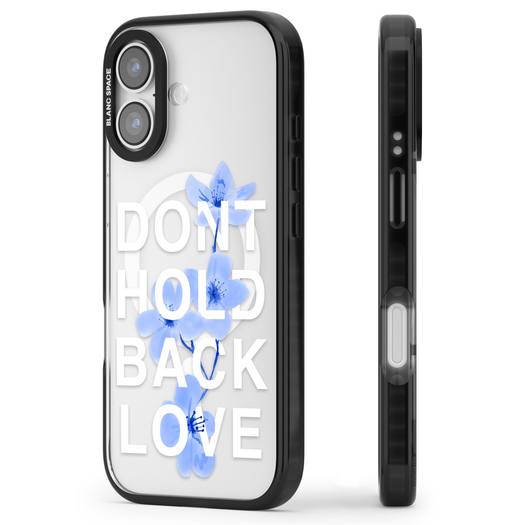 Don'T Hold Back Love Blue & White iPhone 17 Impact Pro Black Phone Case Side Profile