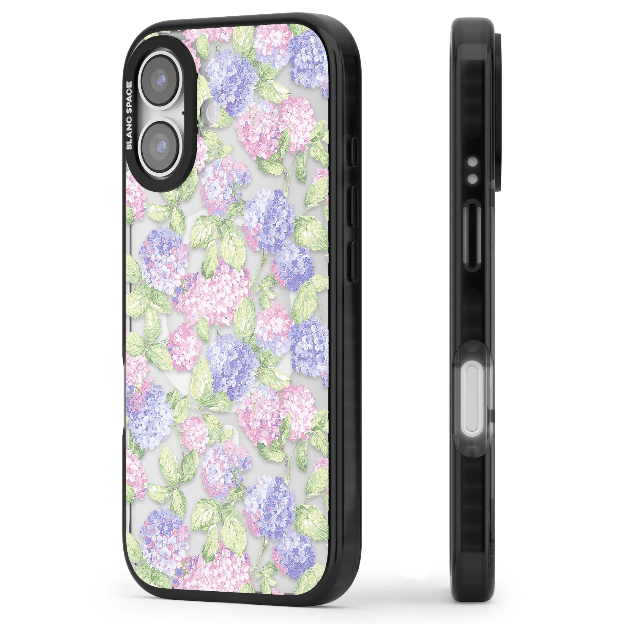 Cottage Hydrangea cottagecore iPhone case featuring pink and purple hydrangea blooms with green leaves on a clear background | Black Impact Magsafe case for iPhone 17