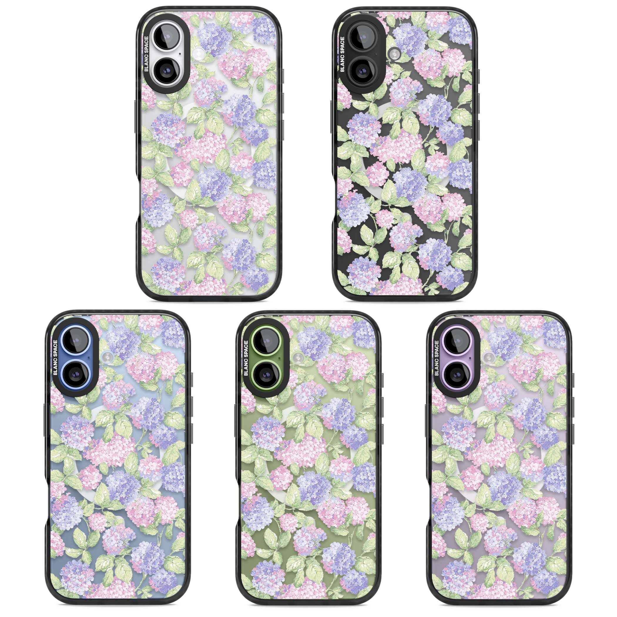 Cottage Hydrangea cottagecore iPhone case featuring pink and purple hydrangea blooms with green leaves on a clear background | Black Impact Magsafe case for iPhone 17