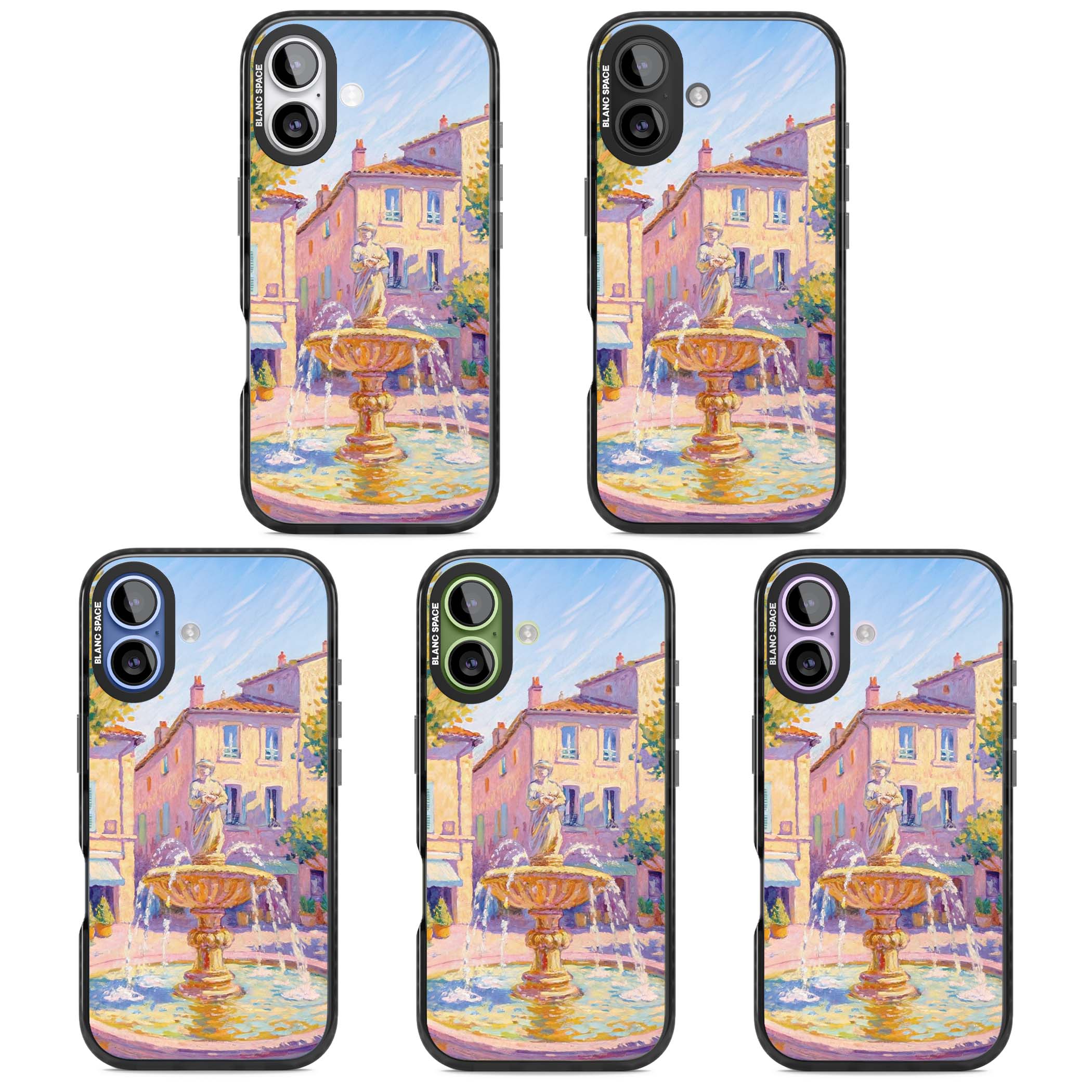 Fountain Square fine art iPhone case featuring an impressionist Provençal fountain, pastel village buildings and summe | Black Impact Magsafe case for iPhone 17