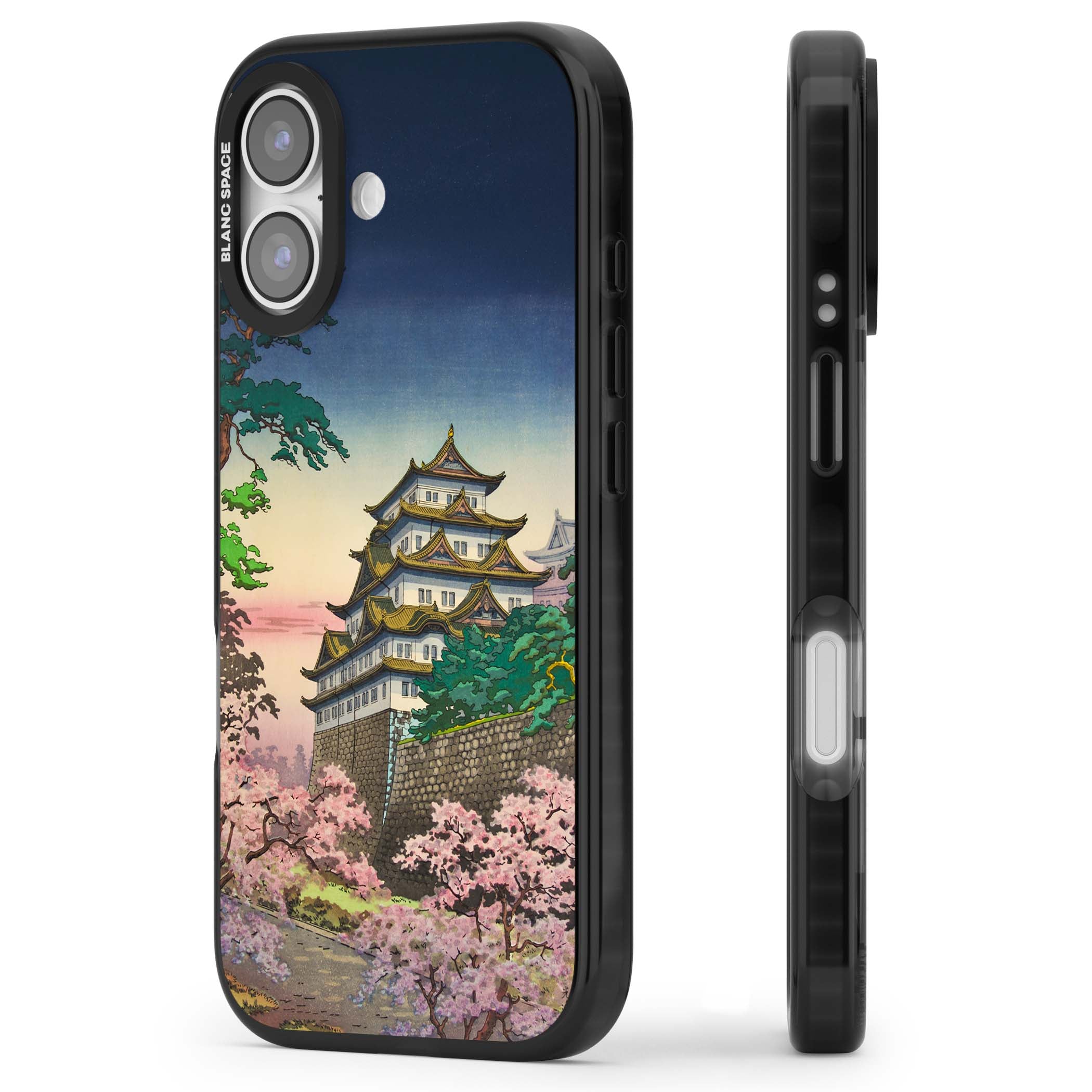 Nagoya Castle Japanese iPhone case featuring a vintage pagoda, twilight sky and cherry blossom trees | Black Impact Magsafe case for iPhone 17