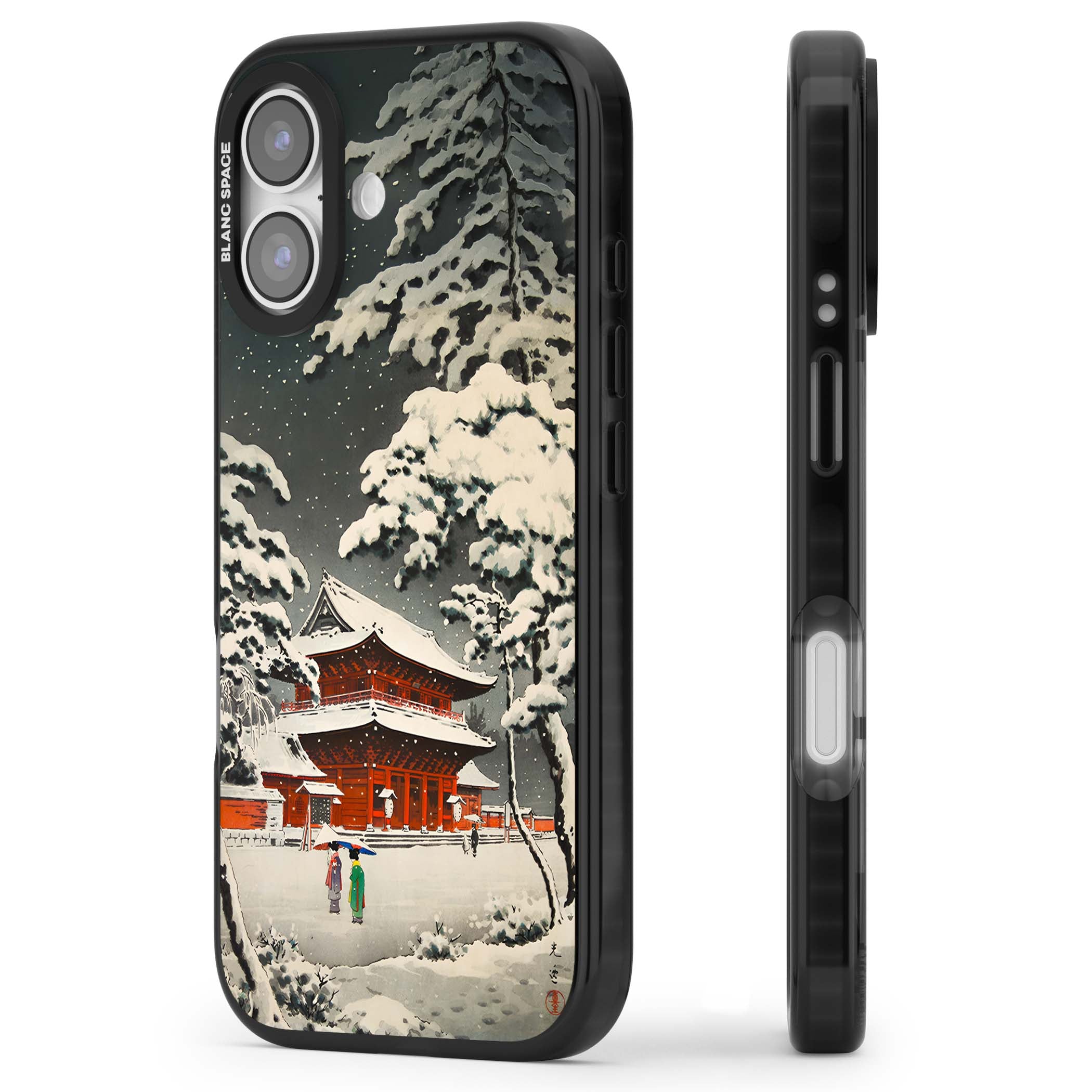 Snow at Shiha Park, Tokyo Japanese art iPhone case featuring a vintage ukiyo-e snowy temple, red pagoda, and snow-covered pin | Black Impact Magsafe case for iPhone 17