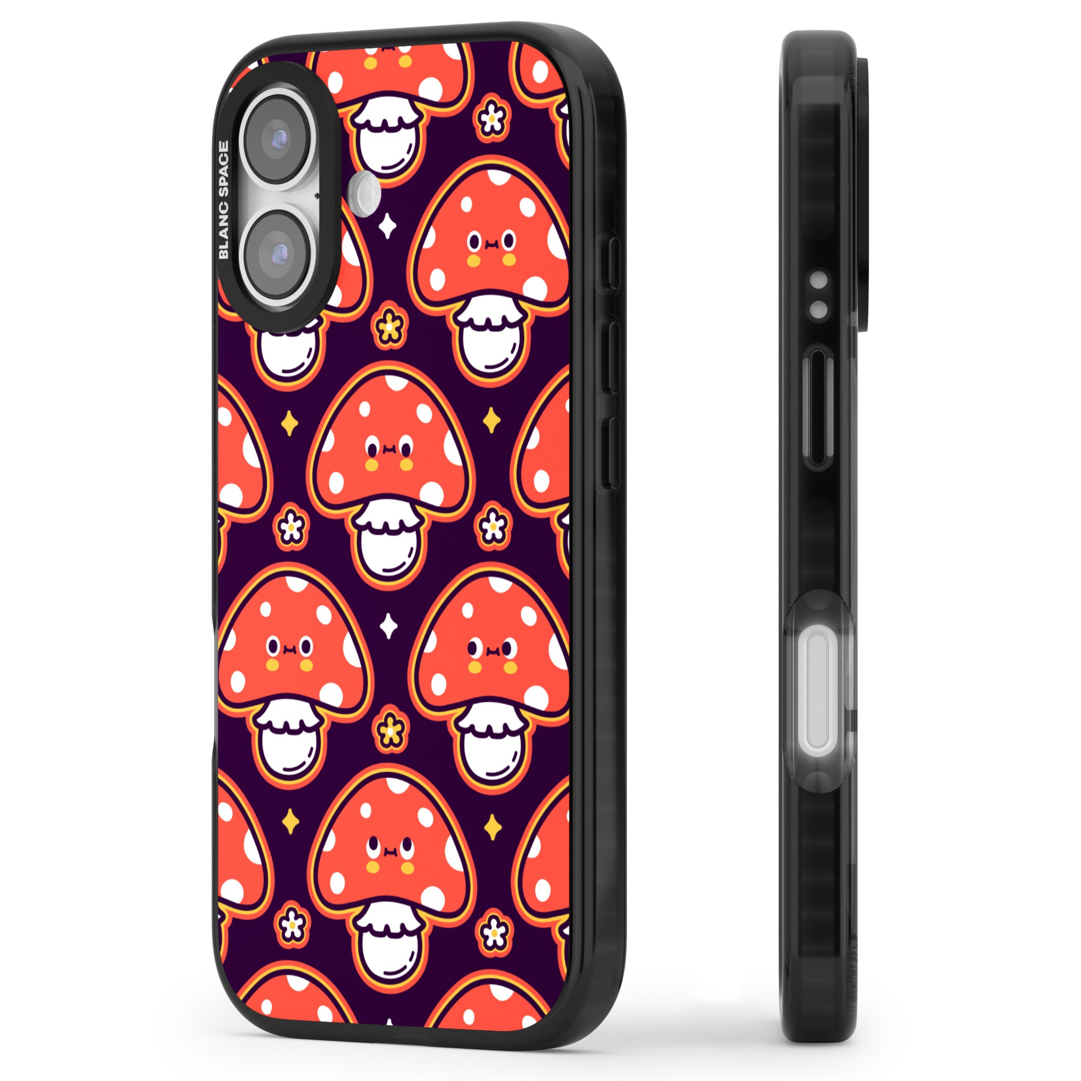 Mushroom Kawaii Pattern iPhone 17 Impact Pro Black Phone Case Side Profile