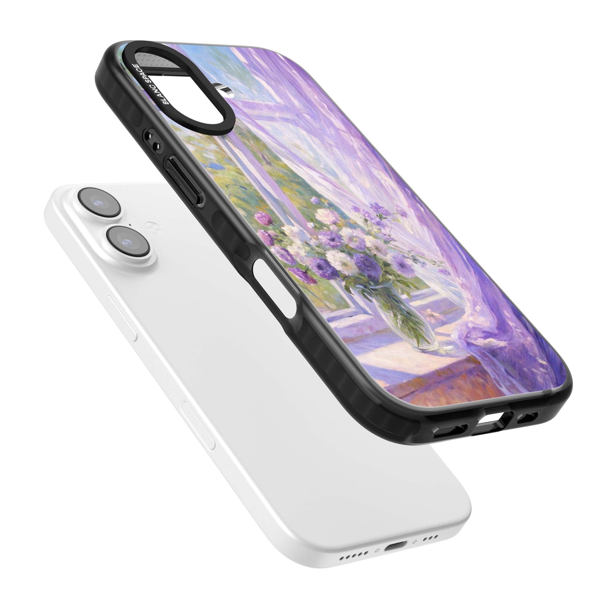 A Provence Morning impressionist art iPhone case featuring a vase of purple flowers, sunlit window and sheer curt | Black Impact Magsafe case for iPhone 17