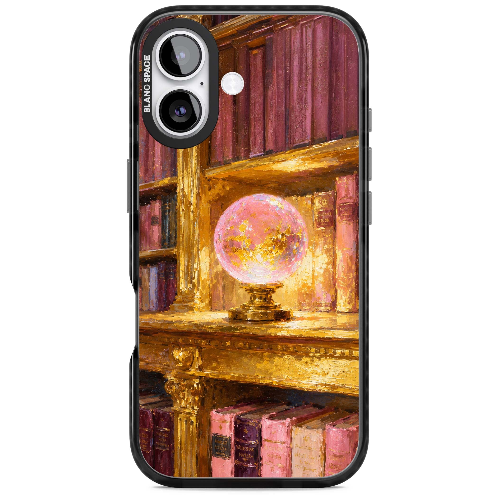 Gilded Library dark academia iPhone case featuring an oil painted crystal ball on a gilded library shelf with vintage | Black Impact Magsafe case for iPhone 17