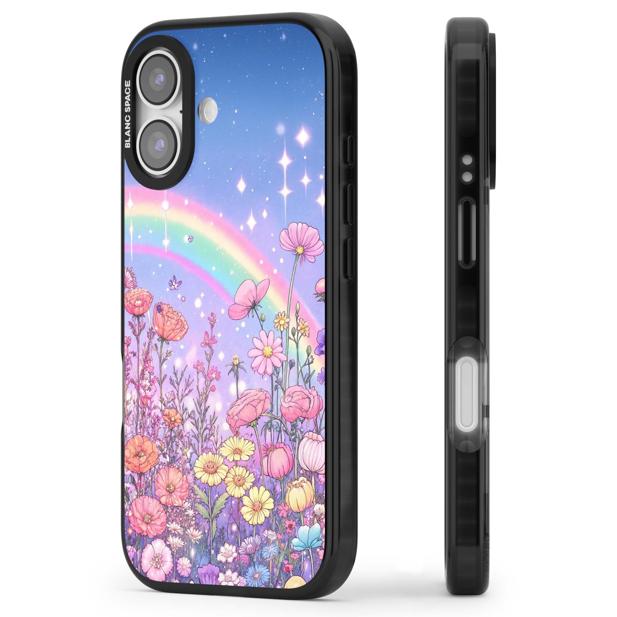 Magical Meadow fairycore iPhone case featuring a pastel rainbow, sparkling stars and a wildflower meadow | Black Impact Magsafe case for iPhone 17