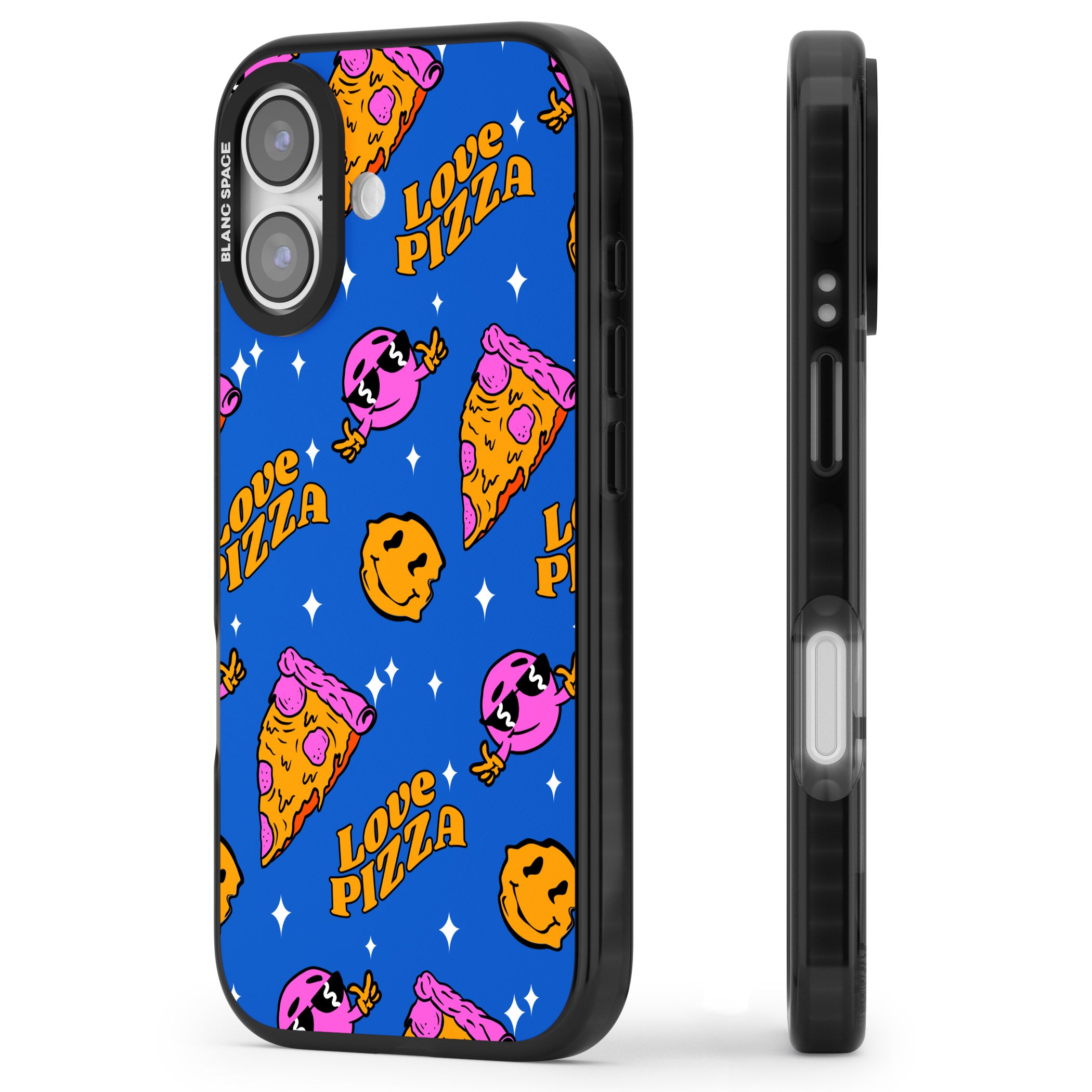 Psychedelic Love Pizza Pattern iPhone 17 Impact Pro Black Phone Case Side Profile