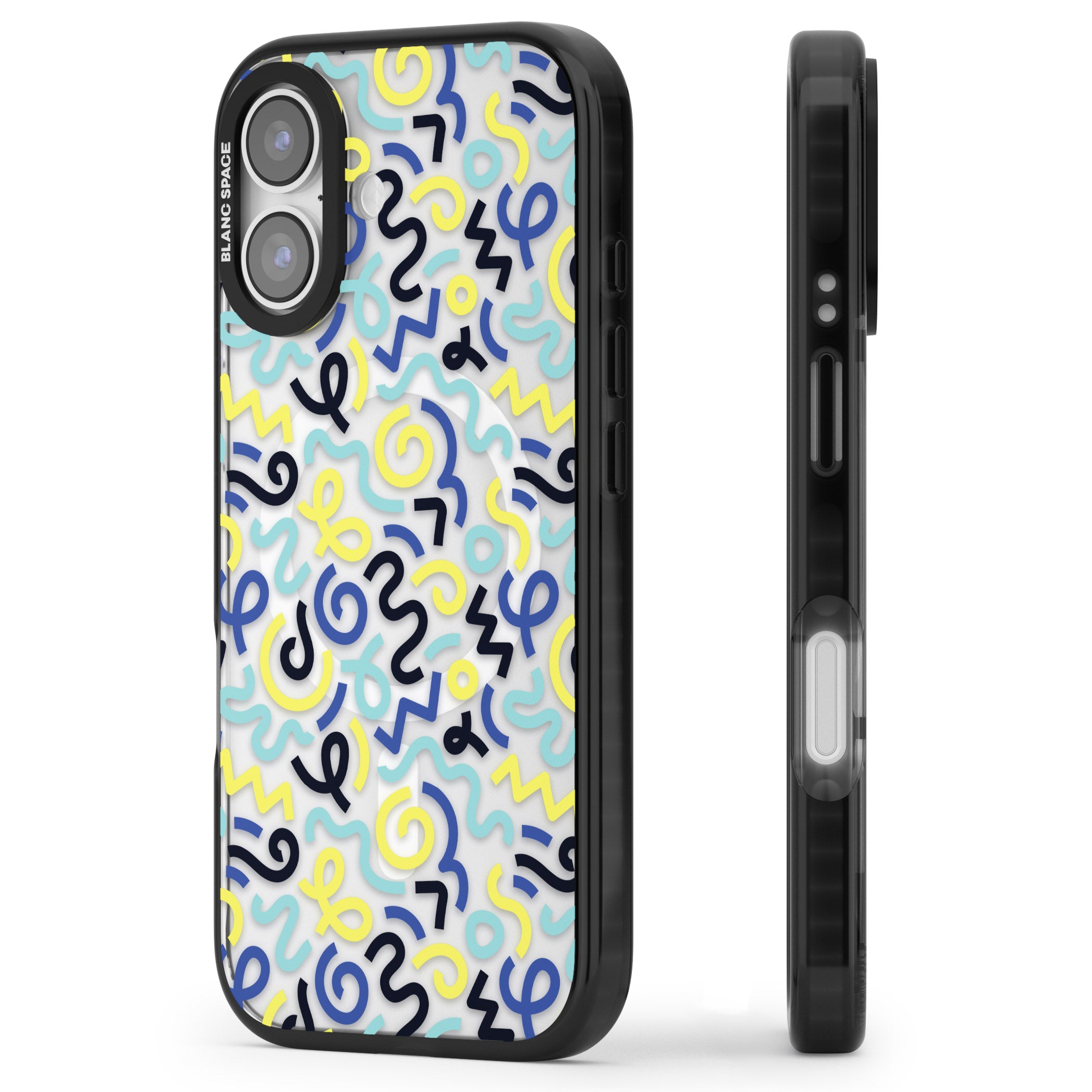 Blue & Yellow Memphis Retro iPhone 17 Impact Pro Black Phone Case Side Profile