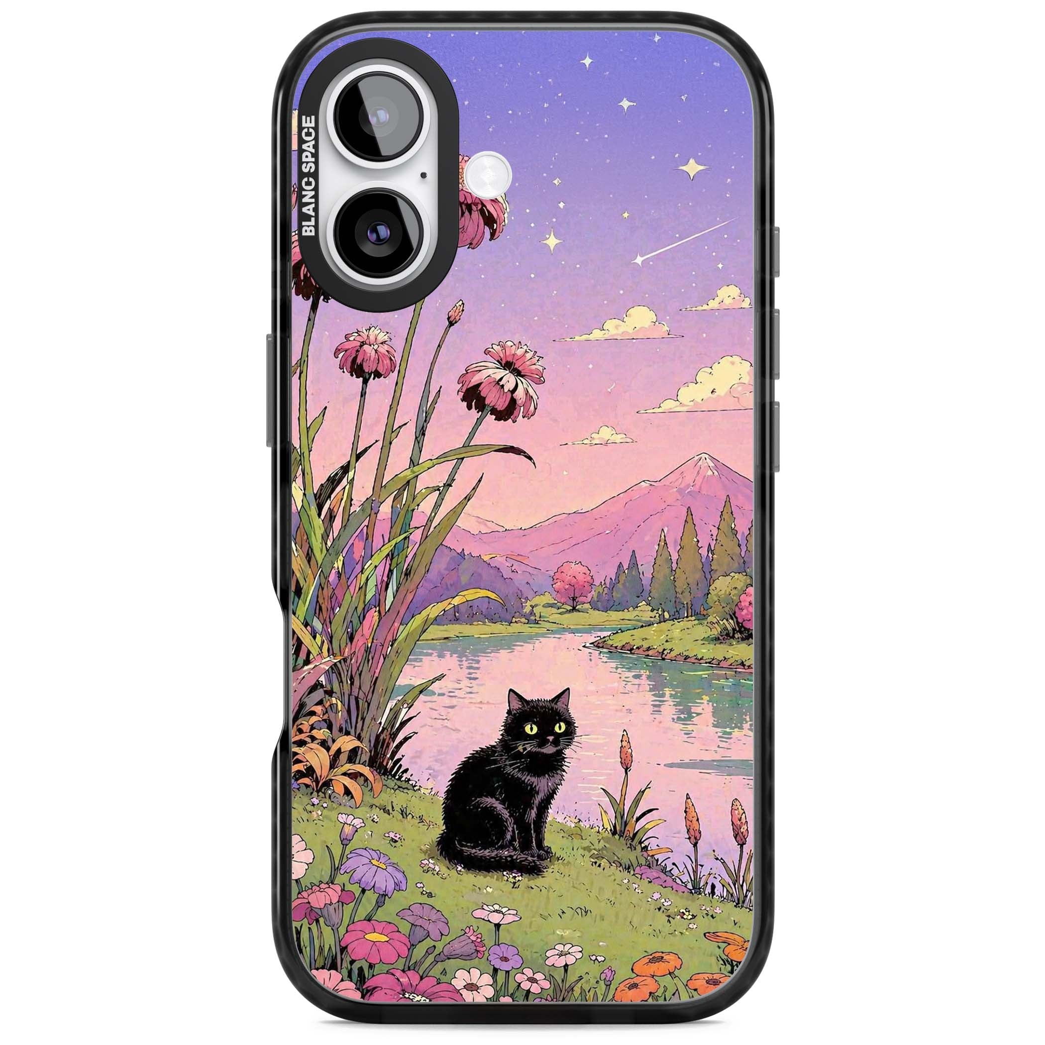 Mystic Whiskers ghibli iPhone case featuring a black cat by a pastel lake, wildflowers and a starry sunset sky | Black Impact Magsafe case for iPhone 17