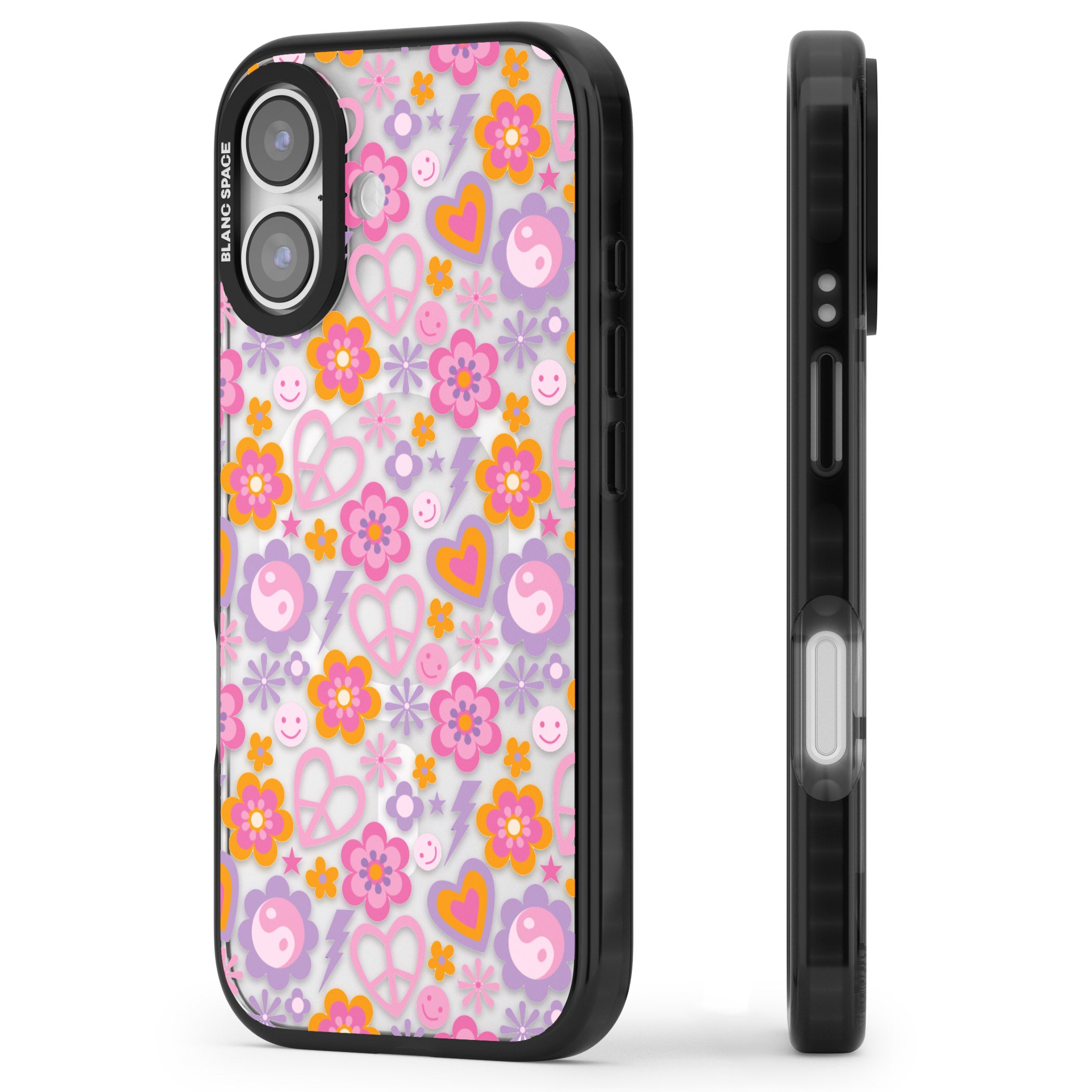 Peace, Love And Flowers Pattern iPhone 17 Impact Pro Black Phone Case Side Profile