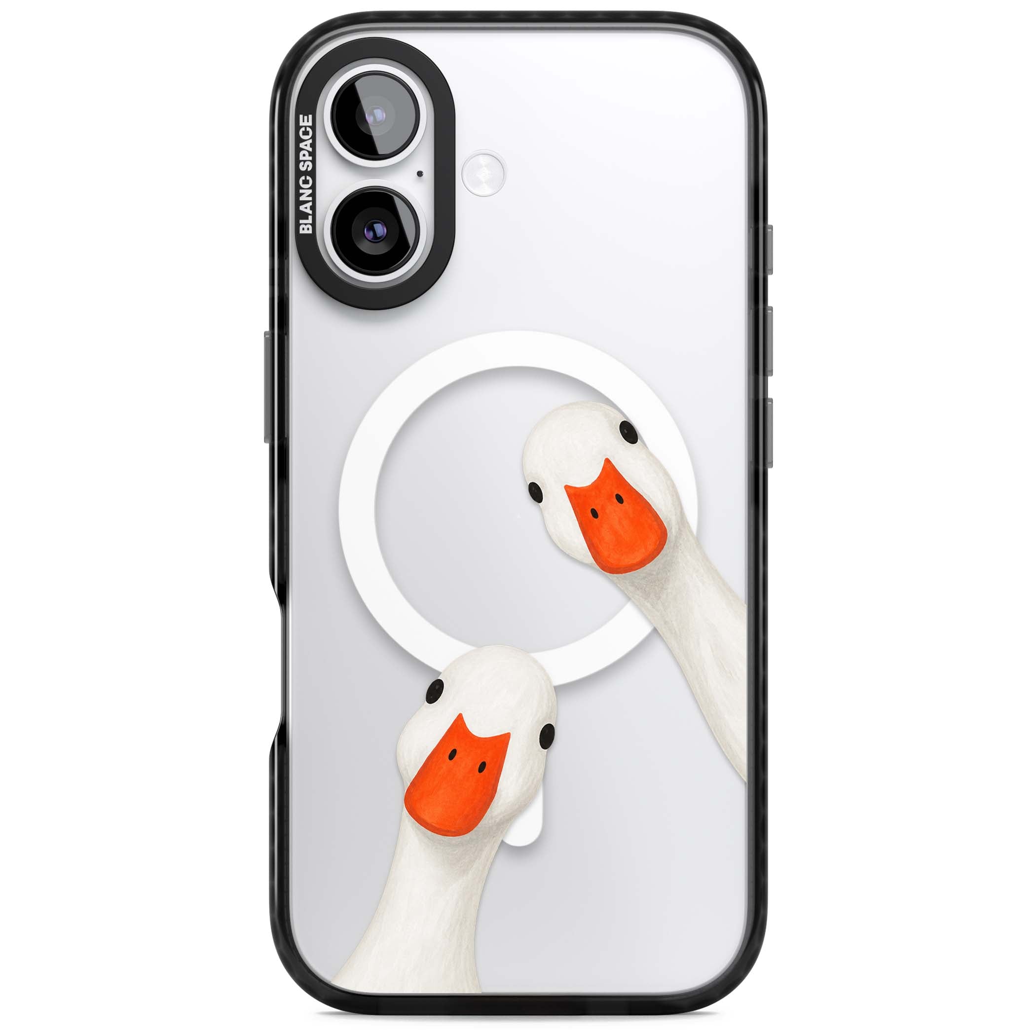 Nosy Ducks cottagecore iPhone case featuring two peeking white ducks with orange beaks on a clear background | Black Impact Magsafe case for iPhone 17