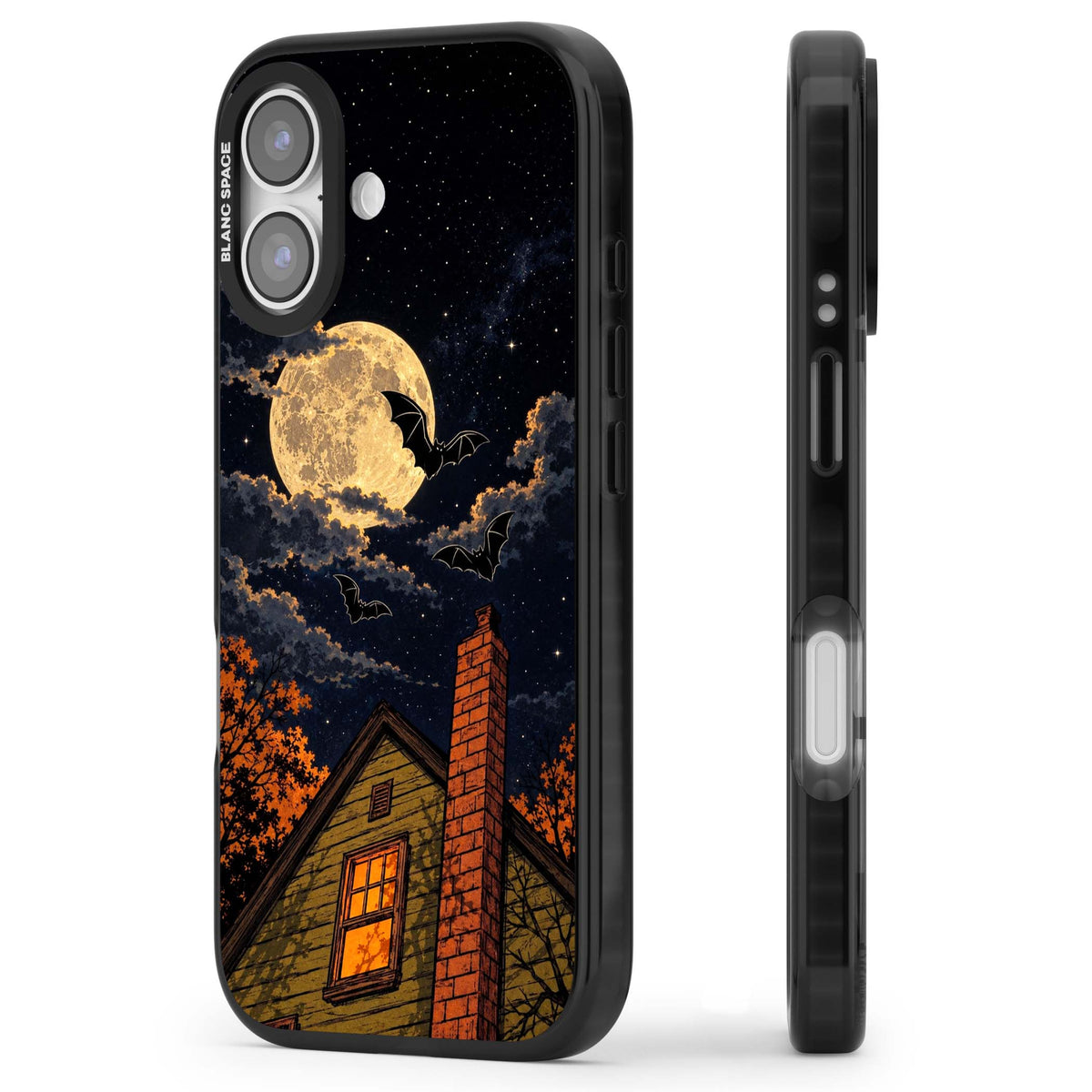 Hollows Eve Halloween iPhone case featuring a haunted house, full moon and flying bats against a starry autumn sky | Black Impact Magsafe case for iPhone 17