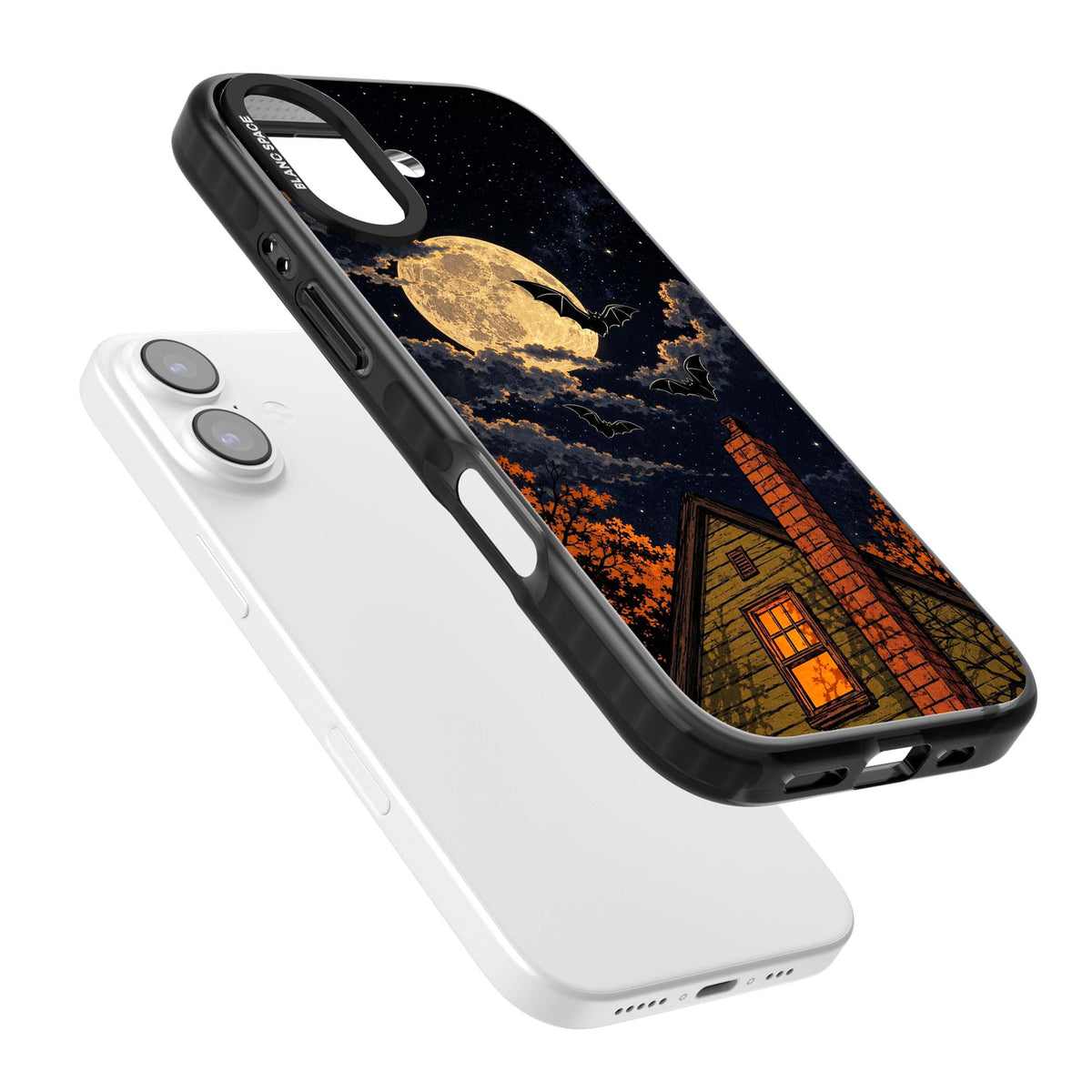 Hollows Eve Halloween iPhone case featuring a haunted house, full moon and flying bats against a starry autumn sky | Black Impact Magsafe case for iPhone 17