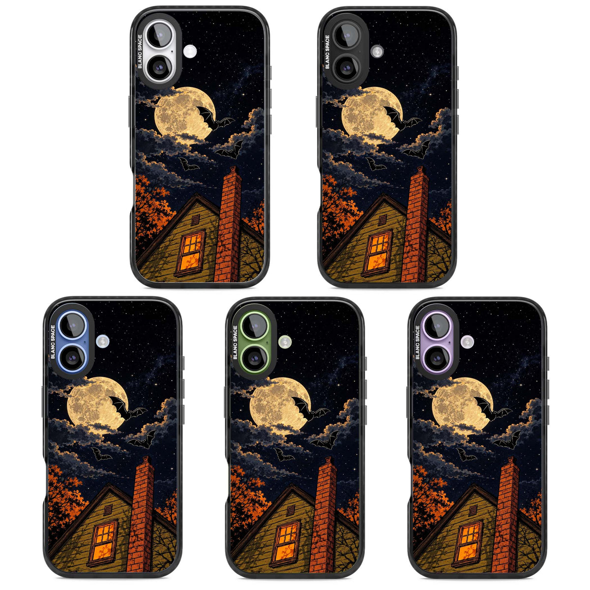 Hollows Eve Halloween iPhone case featuring a haunted house, full moon and flying bats against a starry autumn sky | Black Impact Magsafe case for iPhone 17