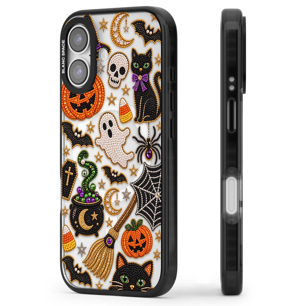 Beaded Halloween Halloween iPhone case featuring beaded pumpkins, ghosts, black cats and bats | Black Impact Magsafe case for iPhone 17