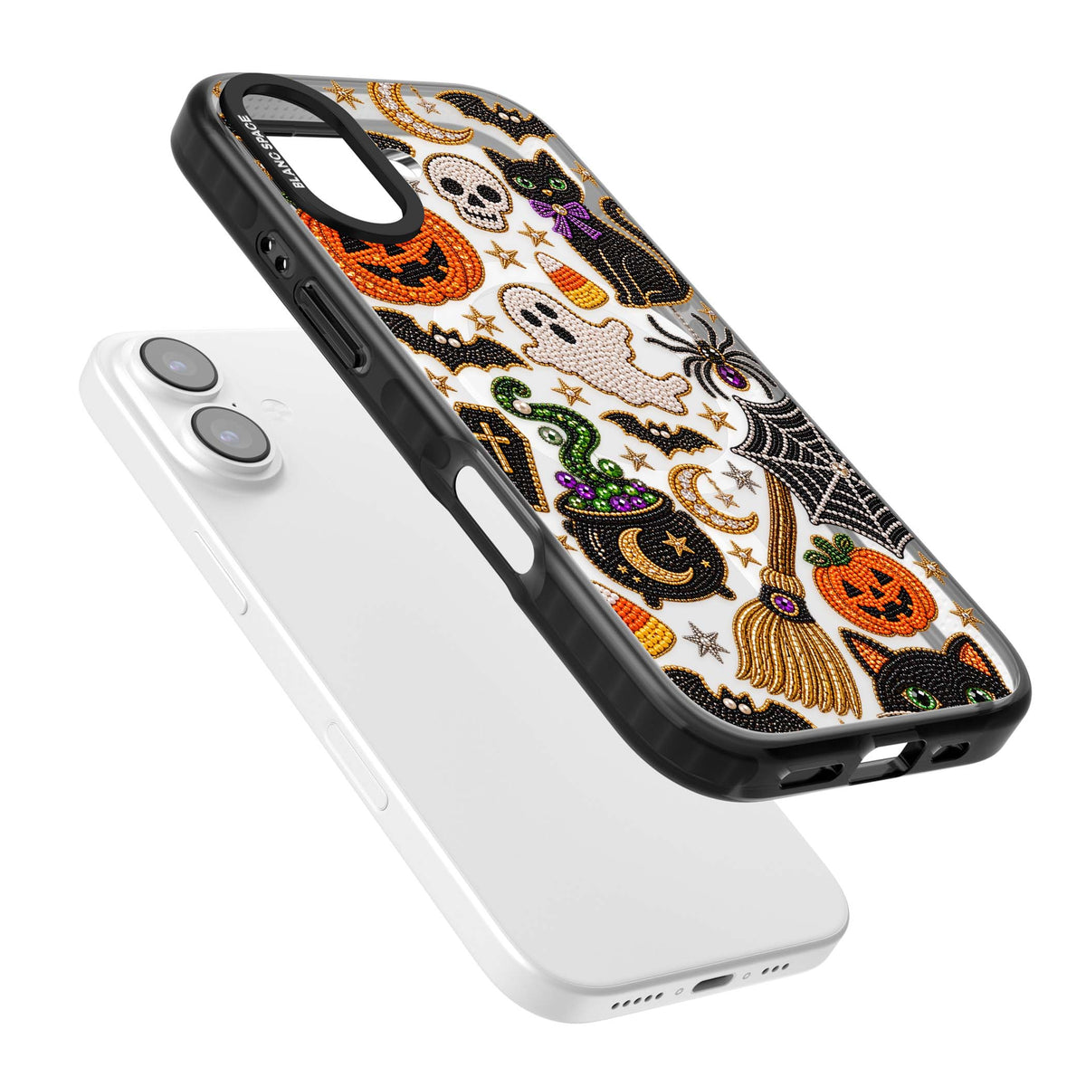 Beaded Halloween Halloween iPhone case featuring beaded pumpkins, ghosts, black cats and bats | Black Impact Magsafe case for iPhone 17