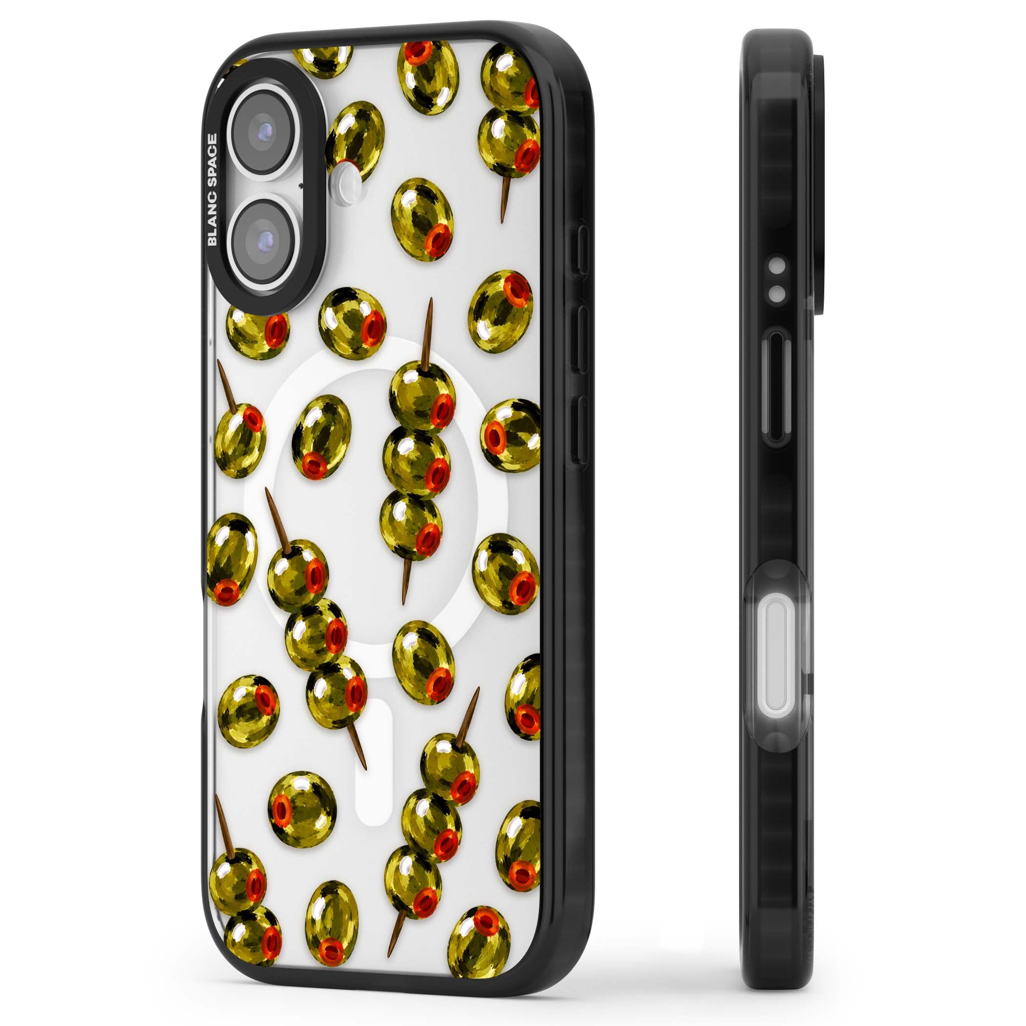 Painted Olives cocktail iPhone case featuring green olives, pimento centres and toothpick skewers on a clear background | Black Impact Magsafe case for iPhone 17