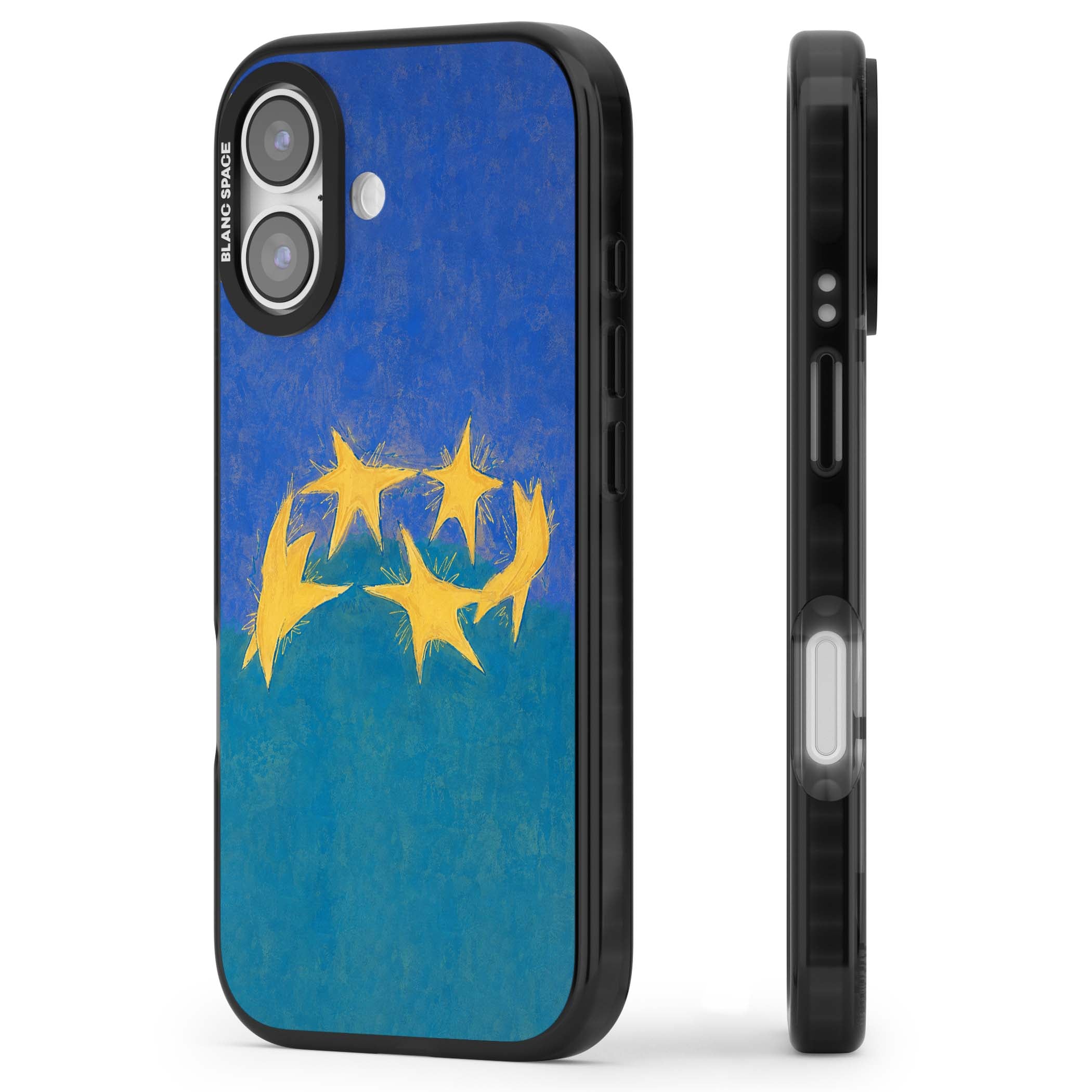 Star Boogie stars aesthetic iPhone case featuring five yellow hand-painted stars on cobalt blue and teal | Black Impact Magsafe case for iPhone 17