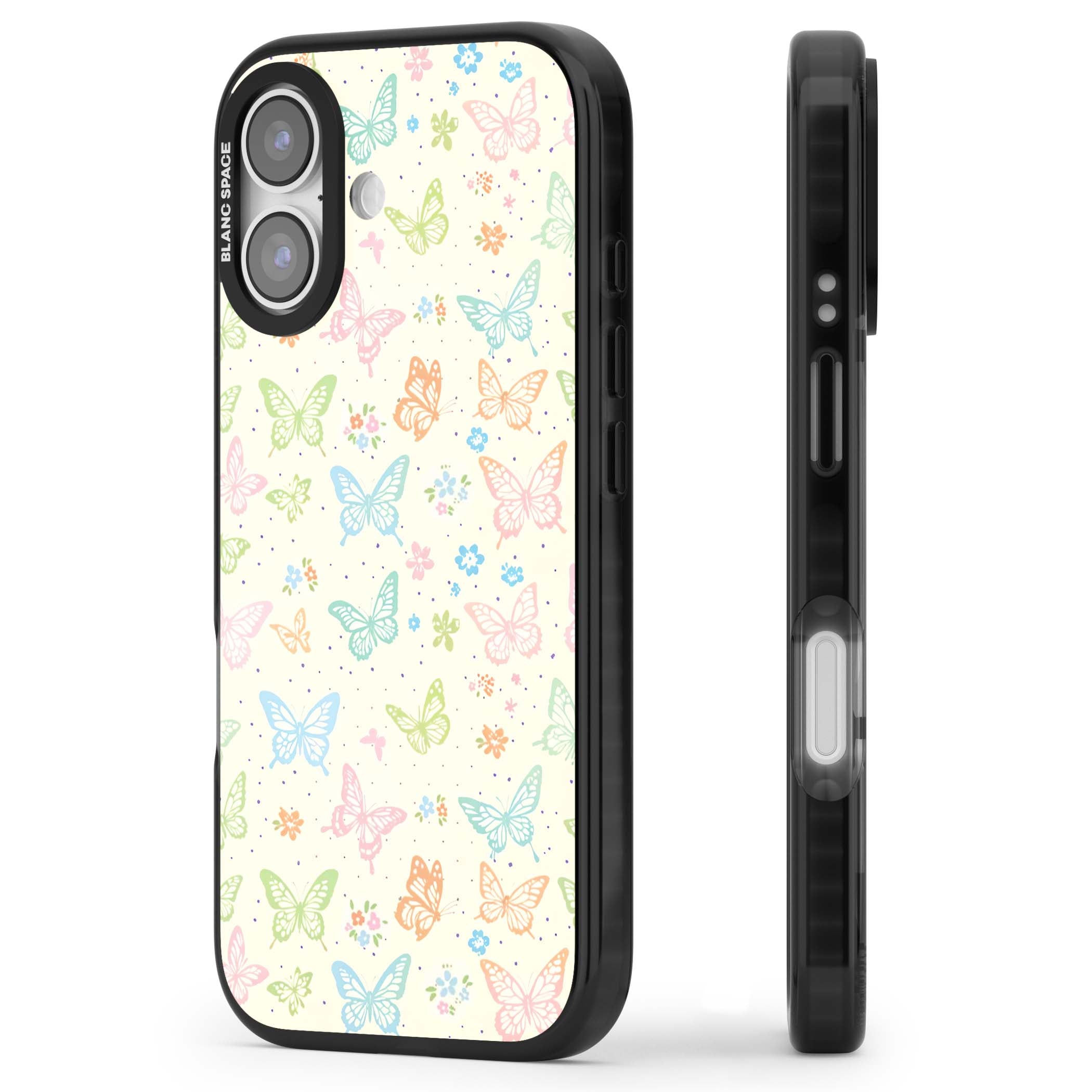 Sugar Wings cottagecore iPhone case featuring rainbow pastel butterflies, tiny wildflowers, and a cream background | Black Impact Magsafe case for iPhone 17