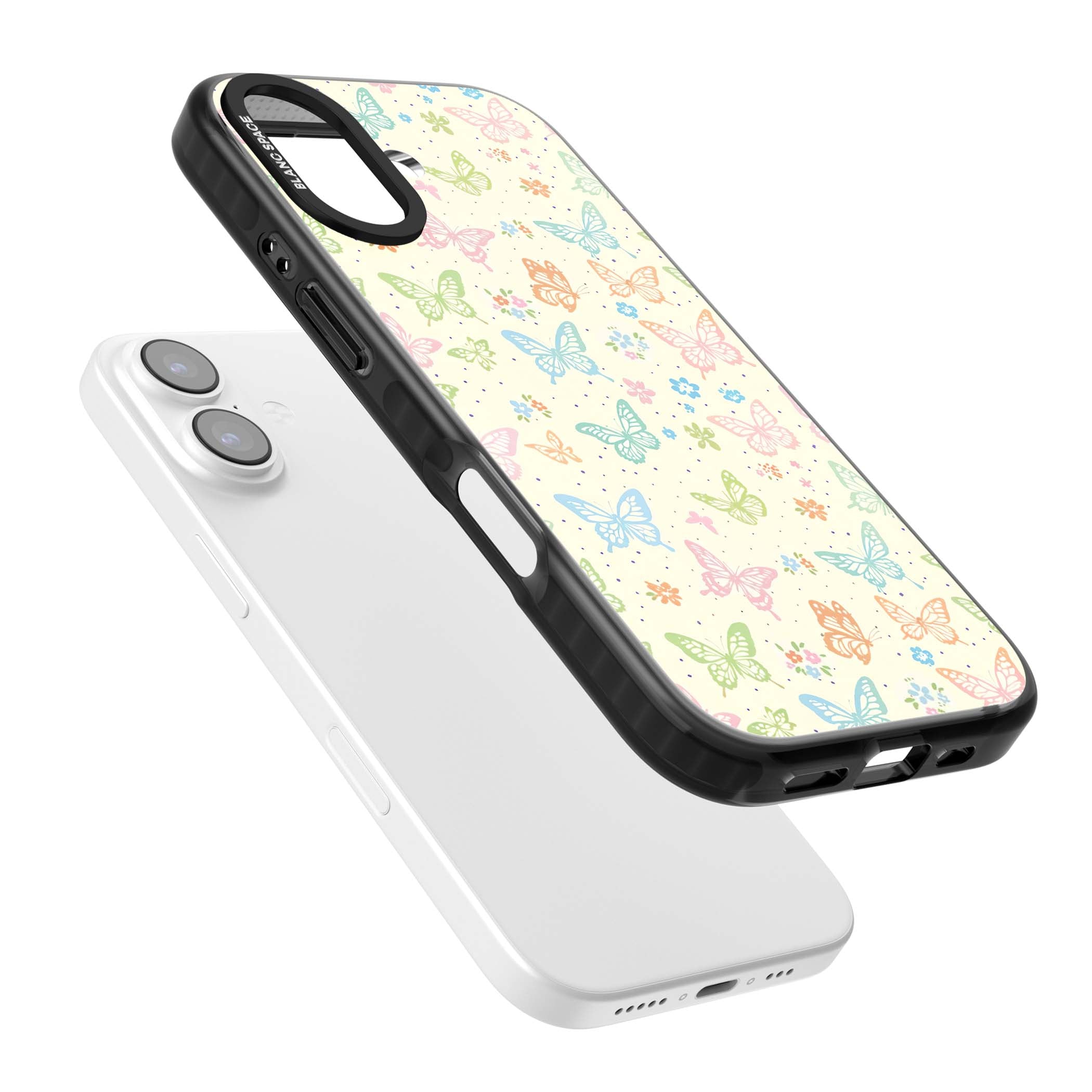 Sugar Wings cottagecore iPhone case featuring rainbow pastel butterflies, tiny wildflowers, and a cream background | Black Impact Magsafe case for iPhone 17