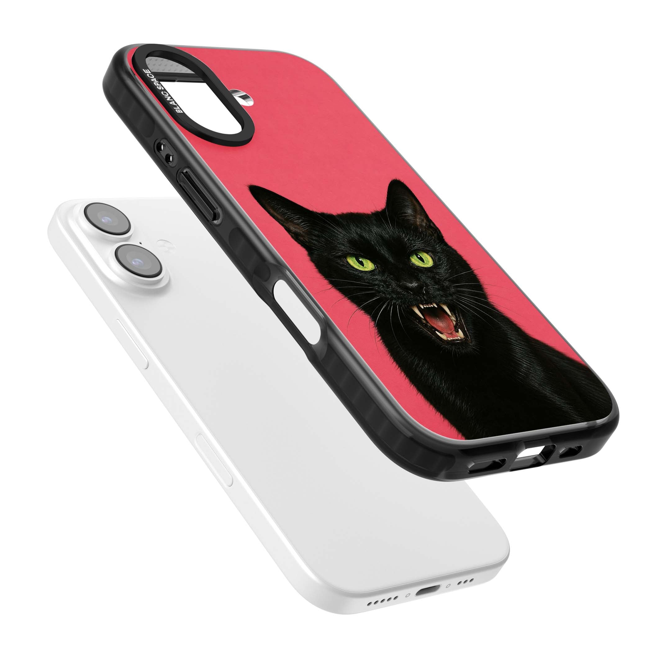 Hissin' Baddie black cat iPhone case featuring a hissing feline with green eyes on a hot pink background | Black Impact Magsafe case for iPhone 17
