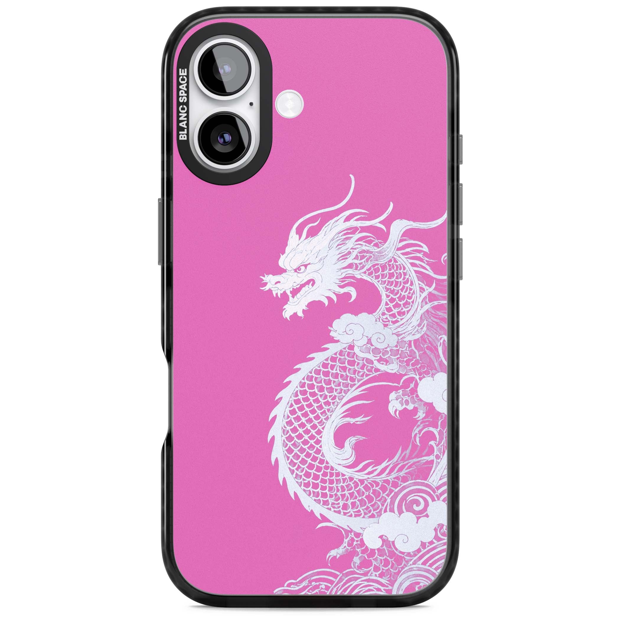 Pink Empress chinese dragon iPhone case featuring a white dragon, swirling clouds and pink dragon wallpaper backdrop | Black Impact Magsafe case for iPhone 17