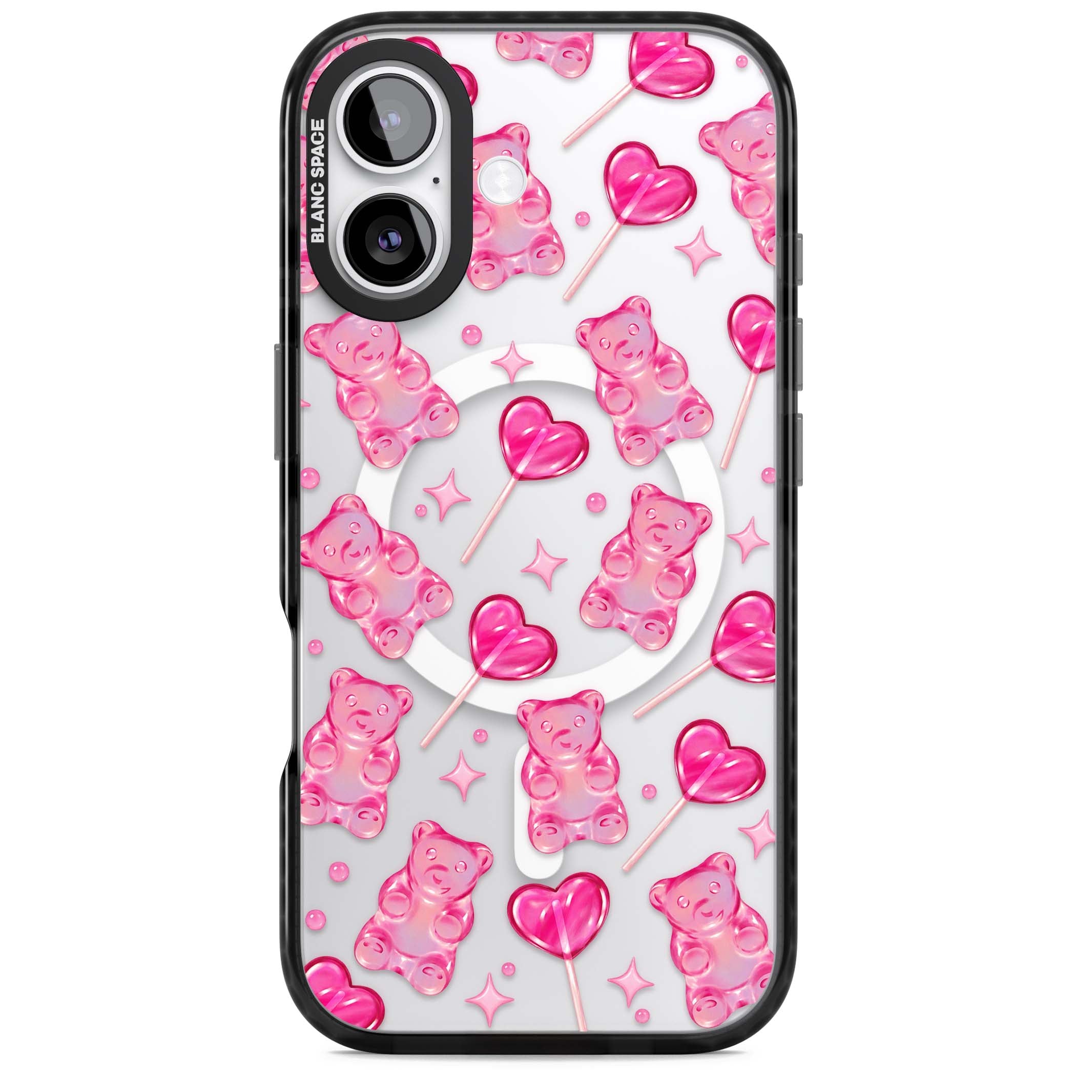 Pink Sugar pinkcore iPhone case featuring pink gummy bears, heart-shaped lollipops and sparkle stars | Black Impact Magsafe case for iPhone 17
