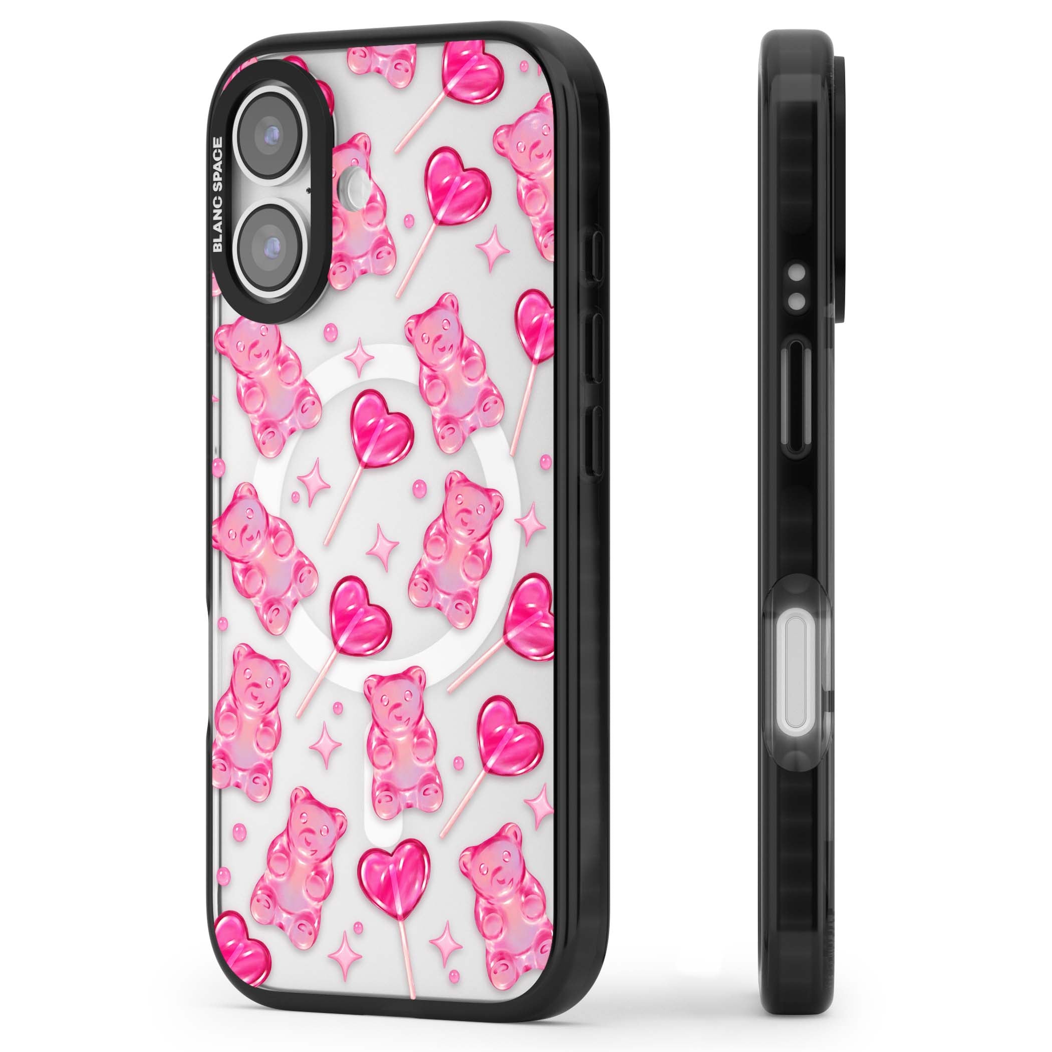 Pink Sugar pinkcore iPhone case featuring pink gummy bears, heart-shaped lollipops and sparkle stars | Black Impact Magsafe case for iPhone 17