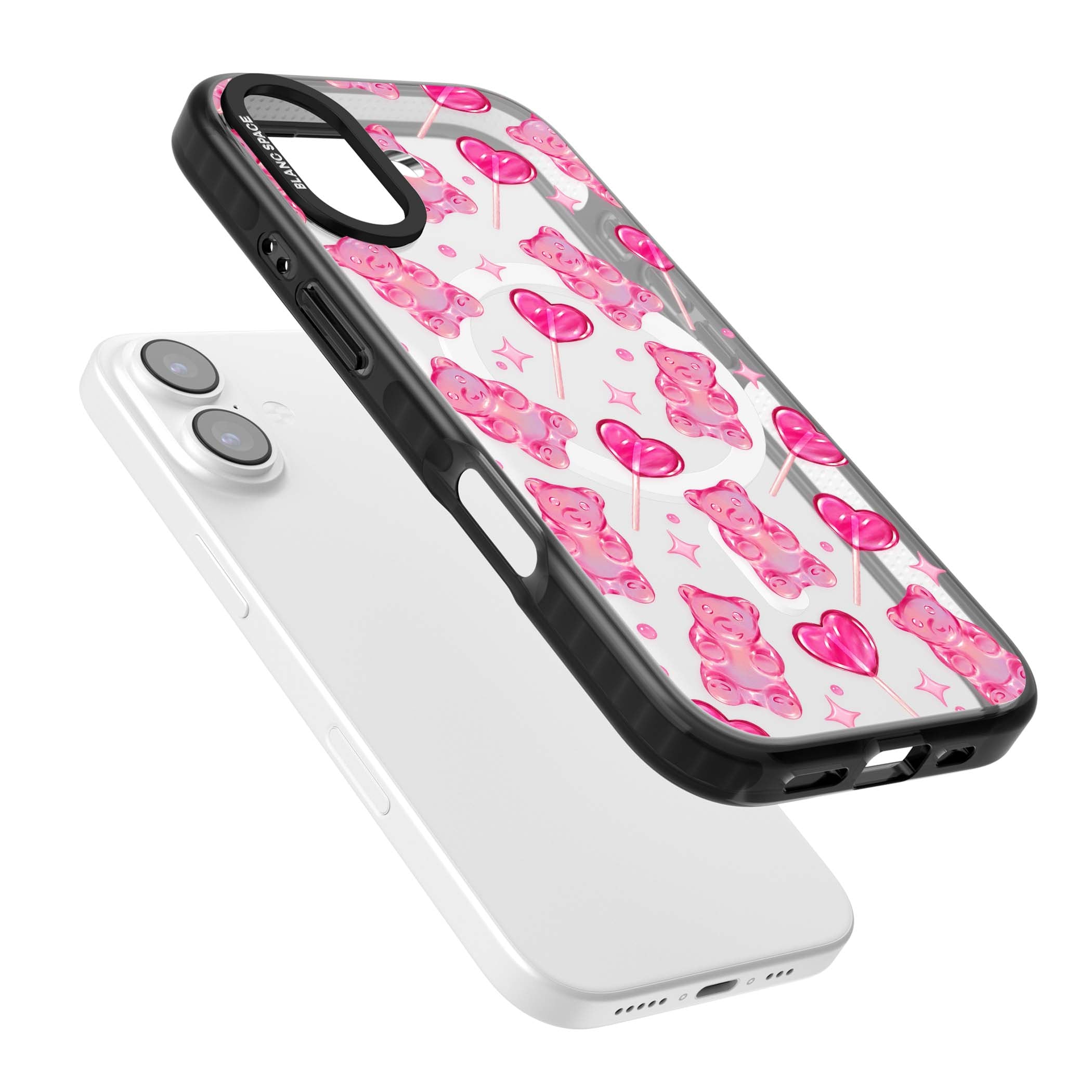 Pink Sugar pinkcore iPhone case featuring pink gummy bears, heart-shaped lollipops and sparkle stars | Black Impact Magsafe case for iPhone 17