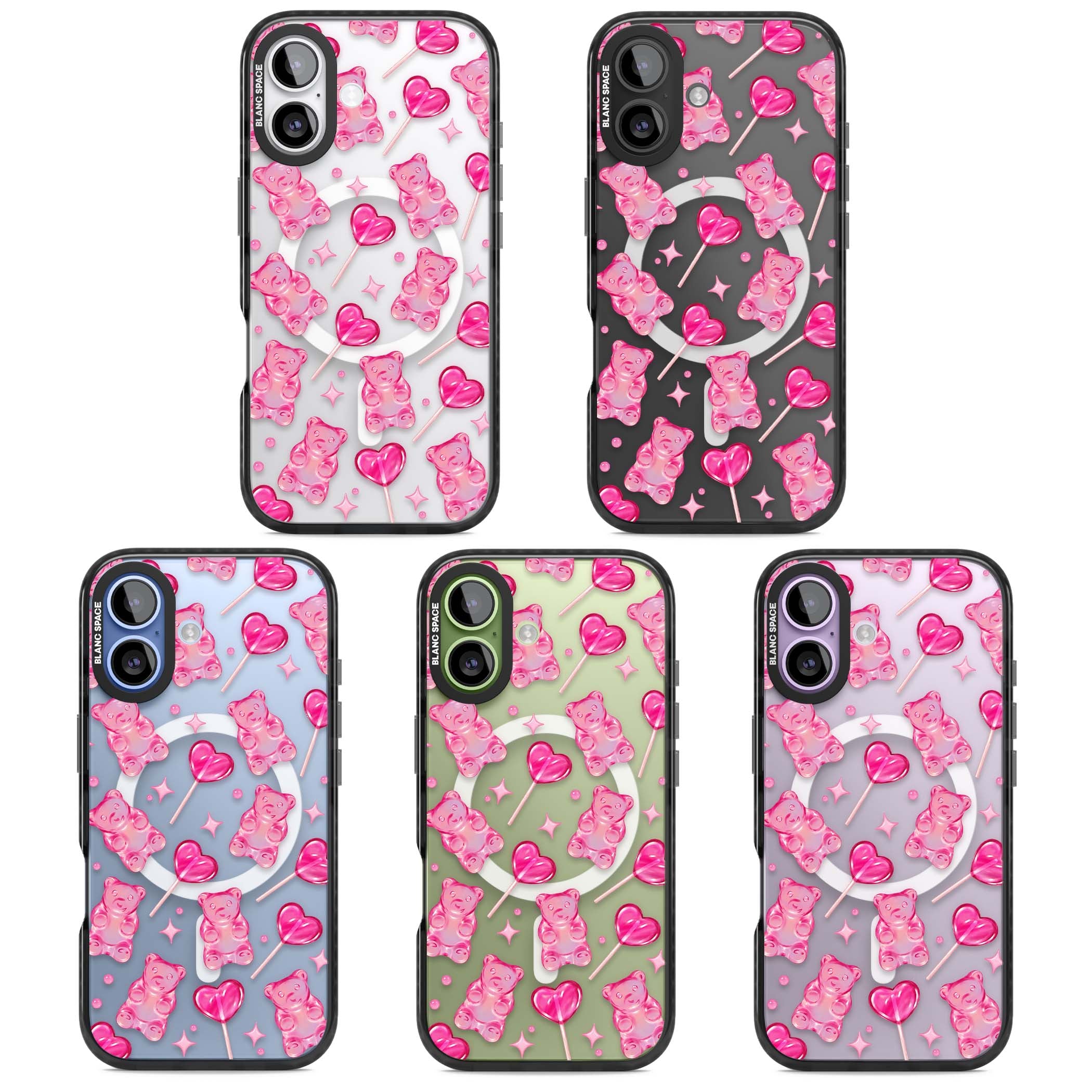 Pink Sugar pinkcore iPhone case featuring pink gummy bears, heart-shaped lollipops and sparkle stars | Black Impact Magsafe case for iPhone 17