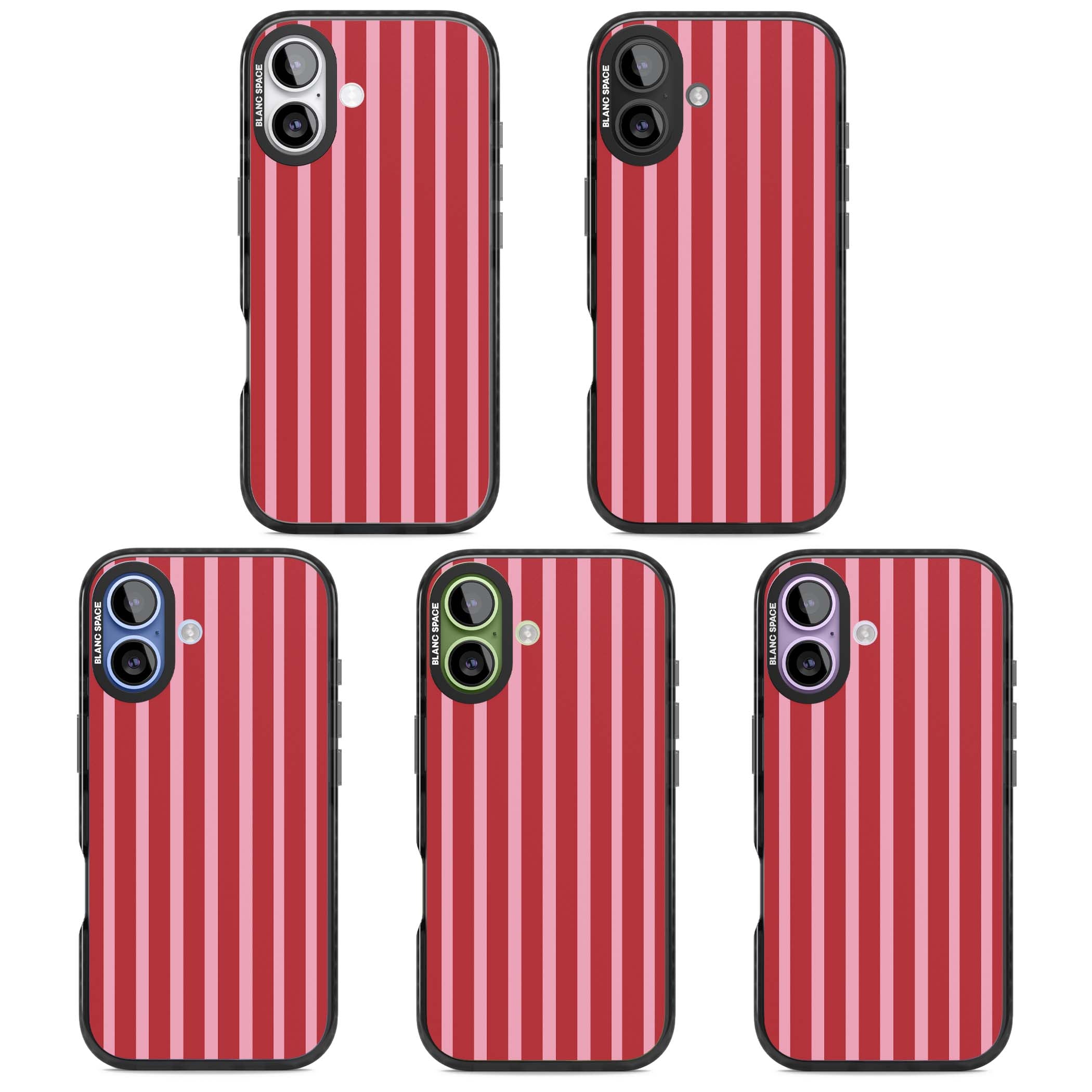 Raspberry Stripe coquette iPhone case featuring red and pink vertical stripes in a candy-inspired pattern | Black Impact Magsafe case for iPhone 17